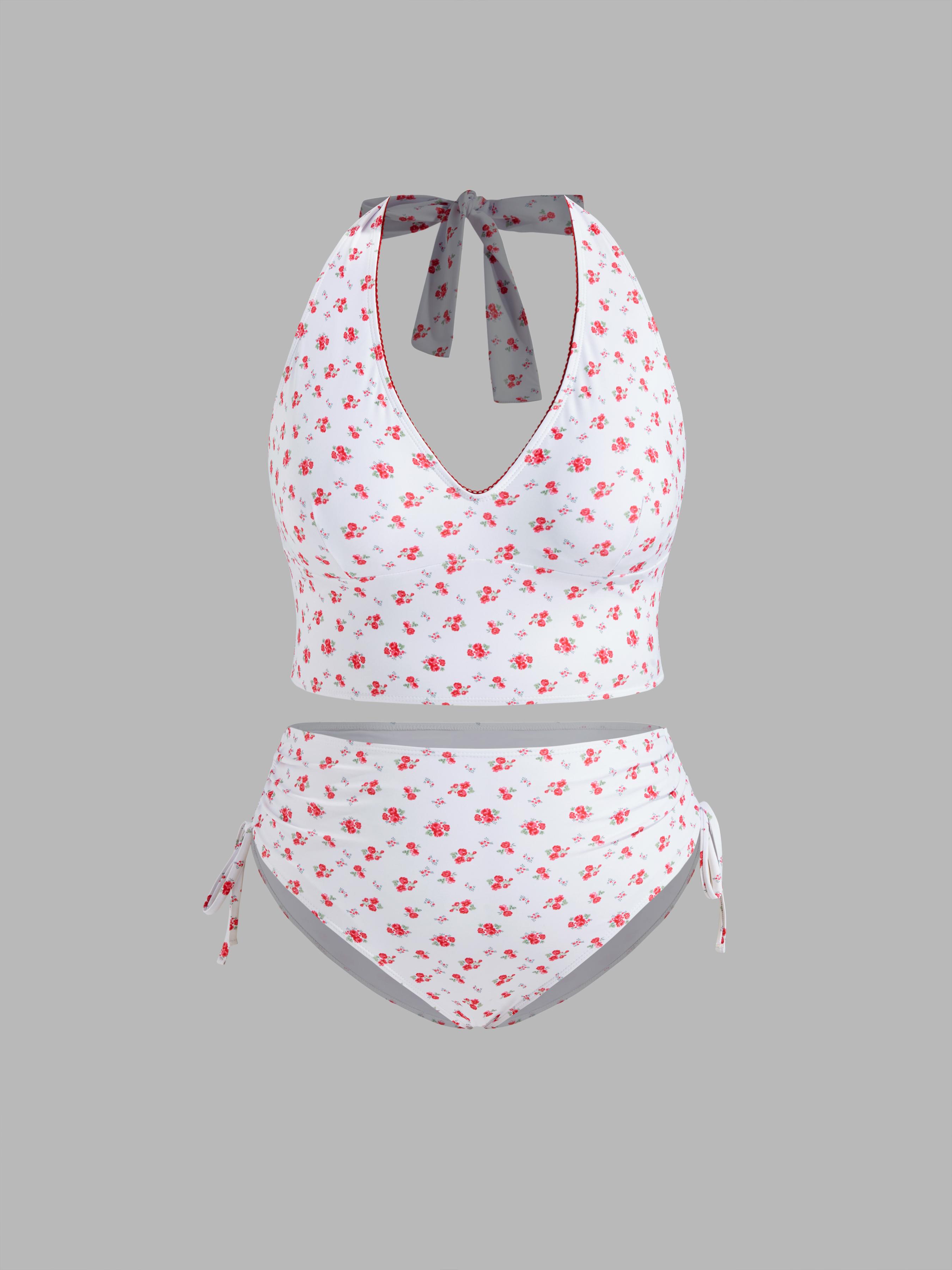 Halter Floral Drawstring Full Coverage Tankini Bikini Set Curve & Plus by CIDER
