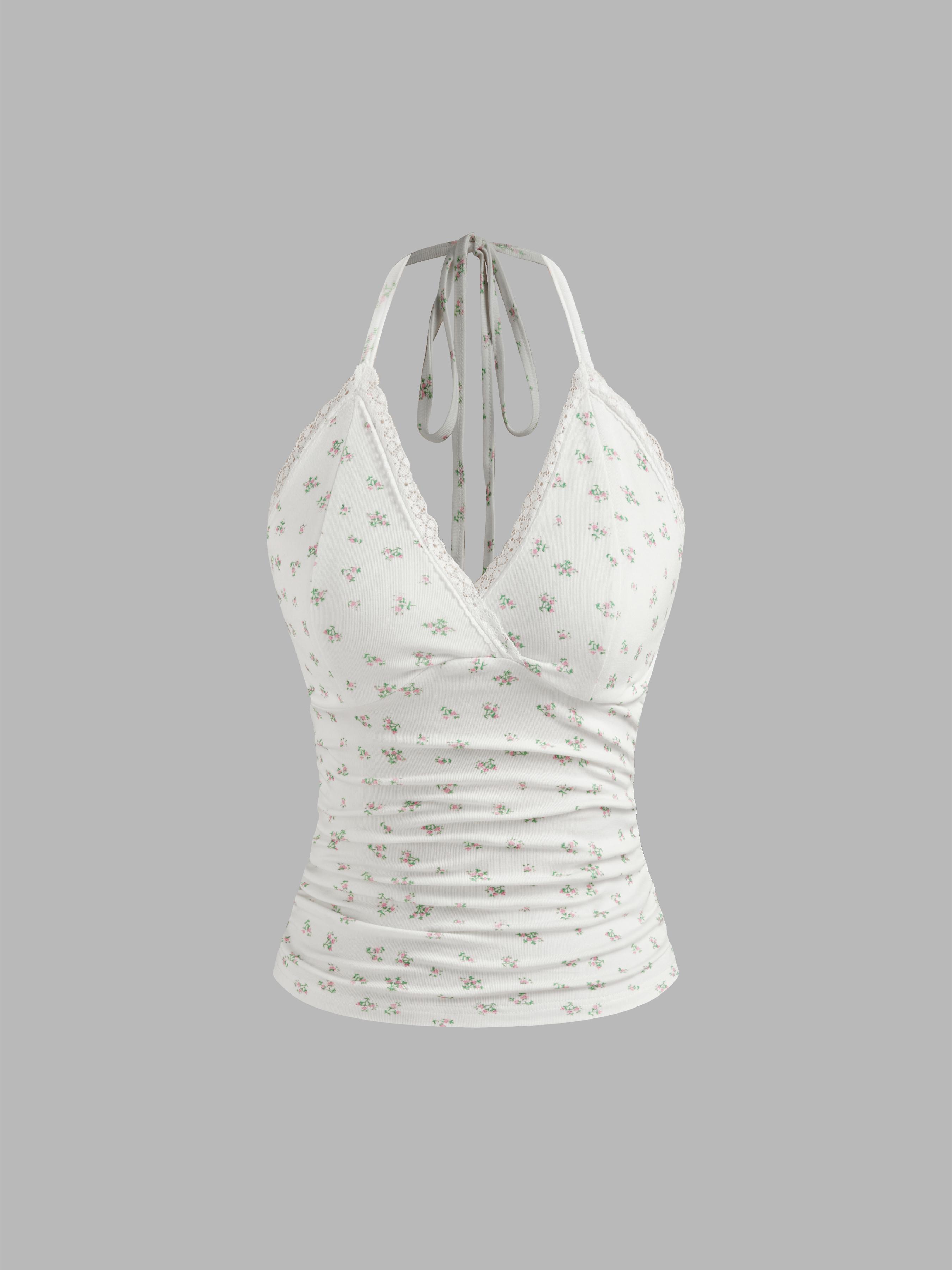 Halter Floral Lace Trim Knotted Ruched Top by CIDER