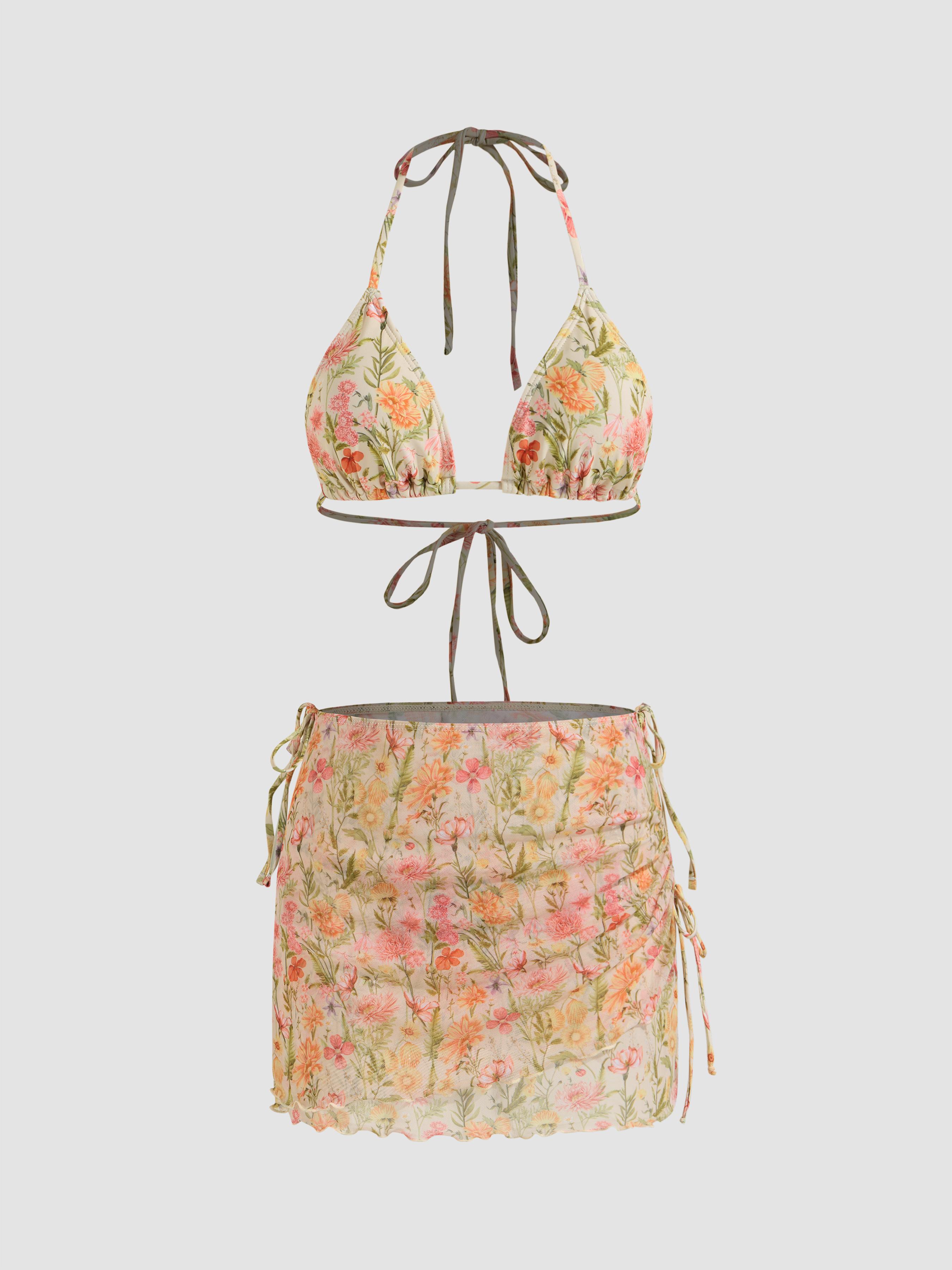 Halter Floral Triangle Bikini Swimsuit With Mesh Beach Skirt by CIDER