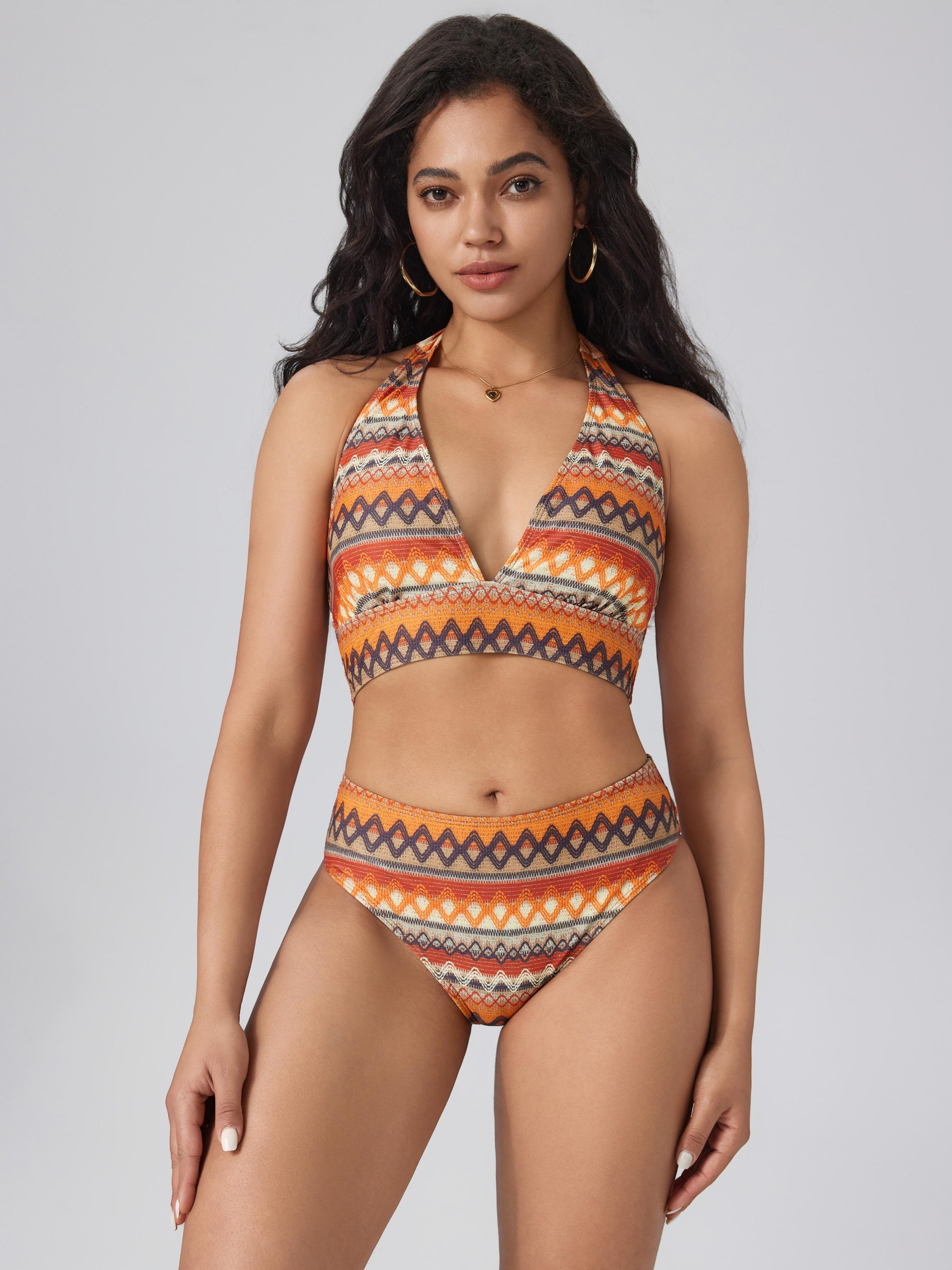 Halter Geometric Striped Bikini Set by CIDER
