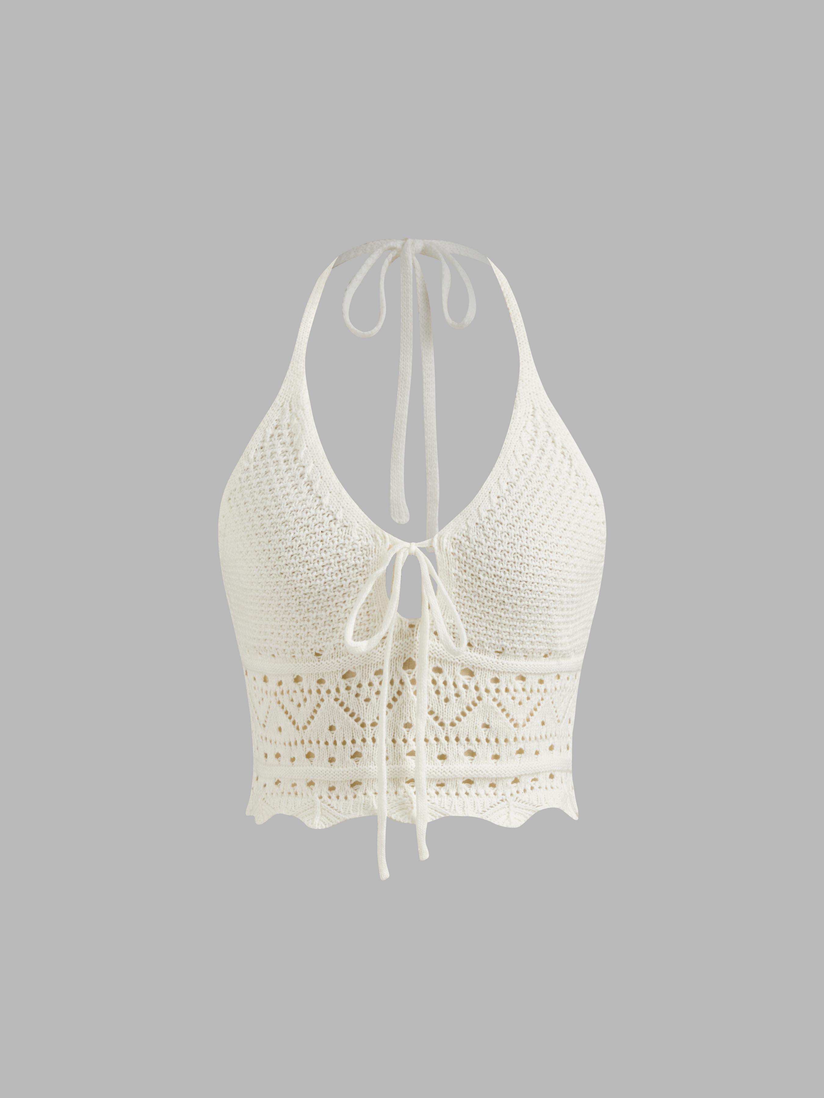 Halter Knotted Lettuce Trim Crop Cami Tank Top by CIDER
