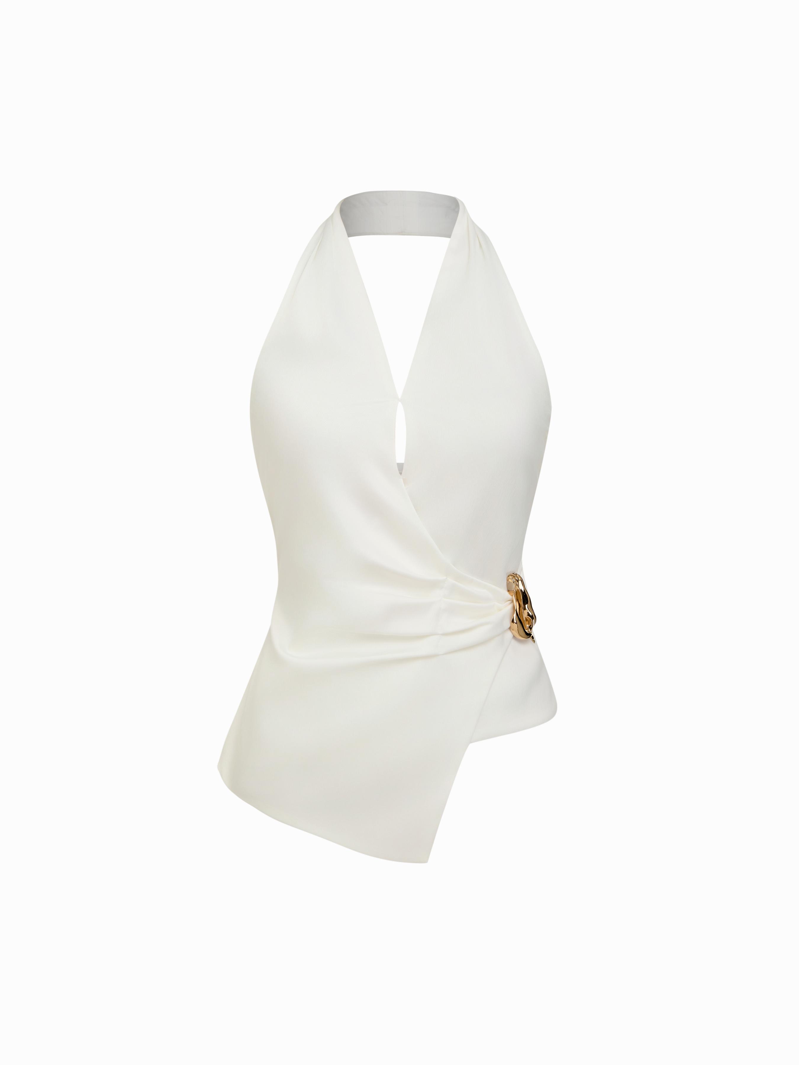 Halter Neck Asymmetrical Wrap Top With Metal Detail by CIDER
