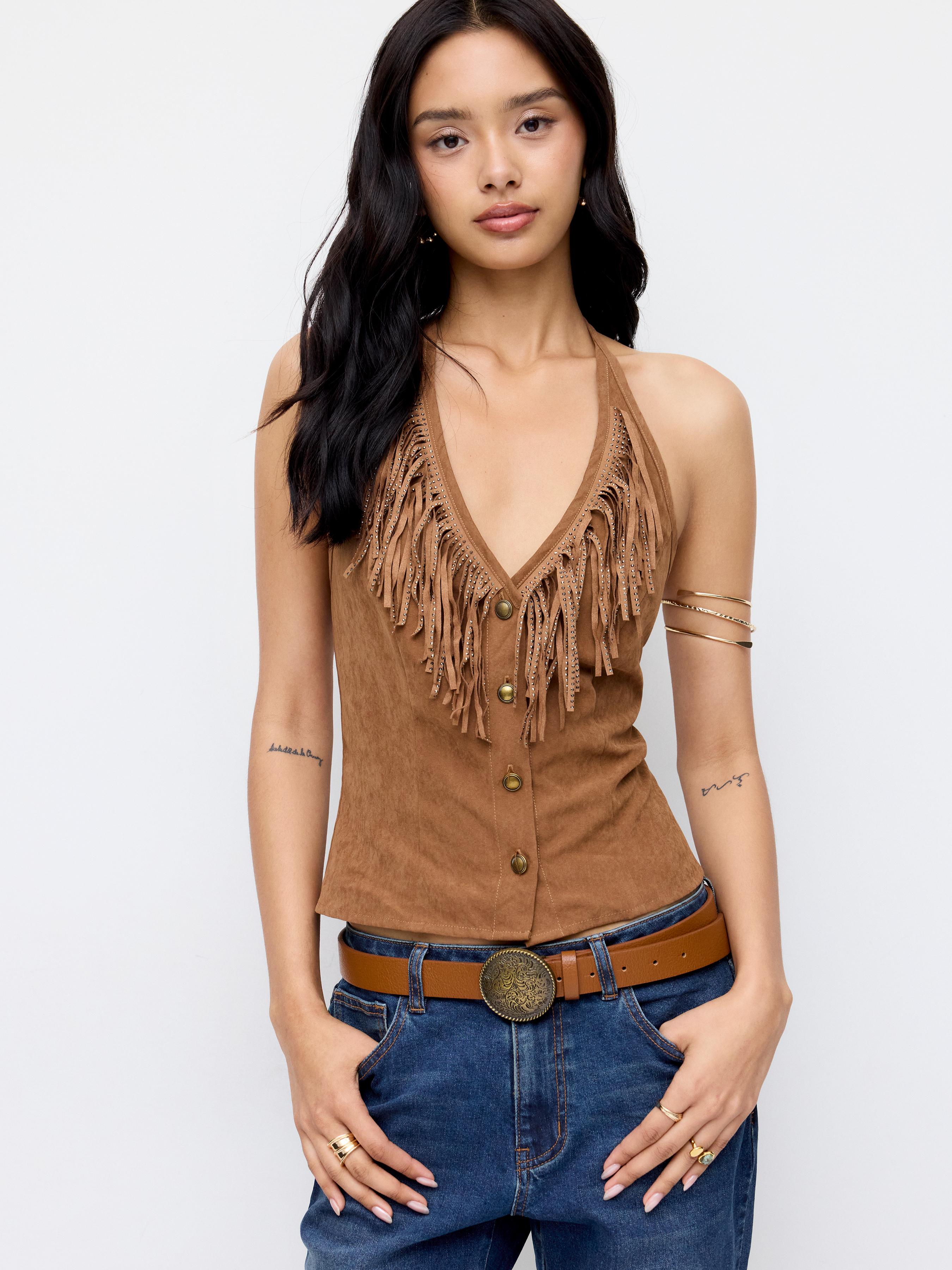 Halter Neck Fringe Button Front Top by CIDER