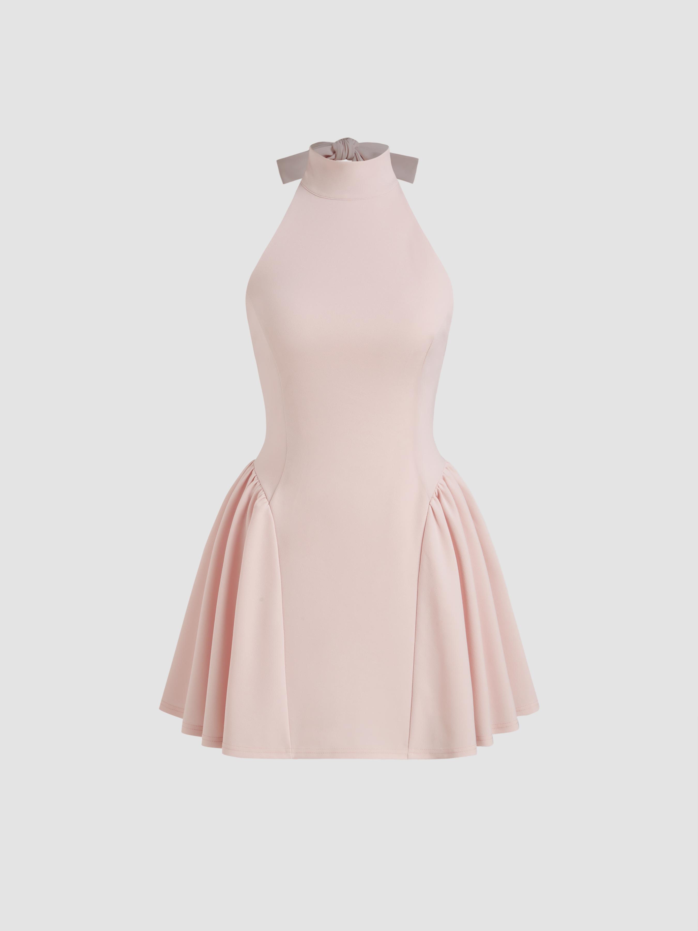 Halter Neck Knotted Backless Ruffle Mini Dress by CIDER