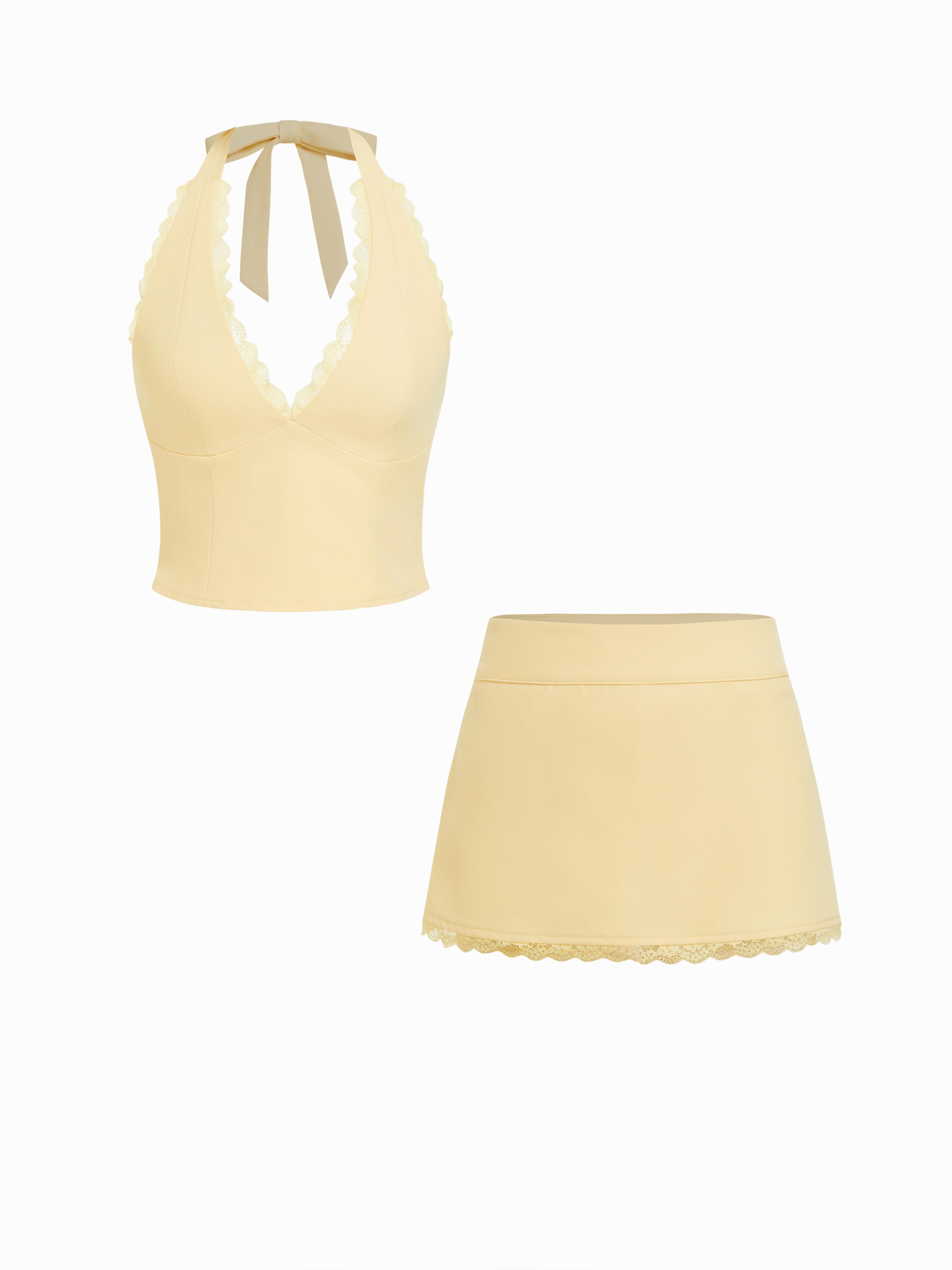 Halter Neck Lace Trim Crop Top & Low Rise A-line Mini Skirt Set by CIDER