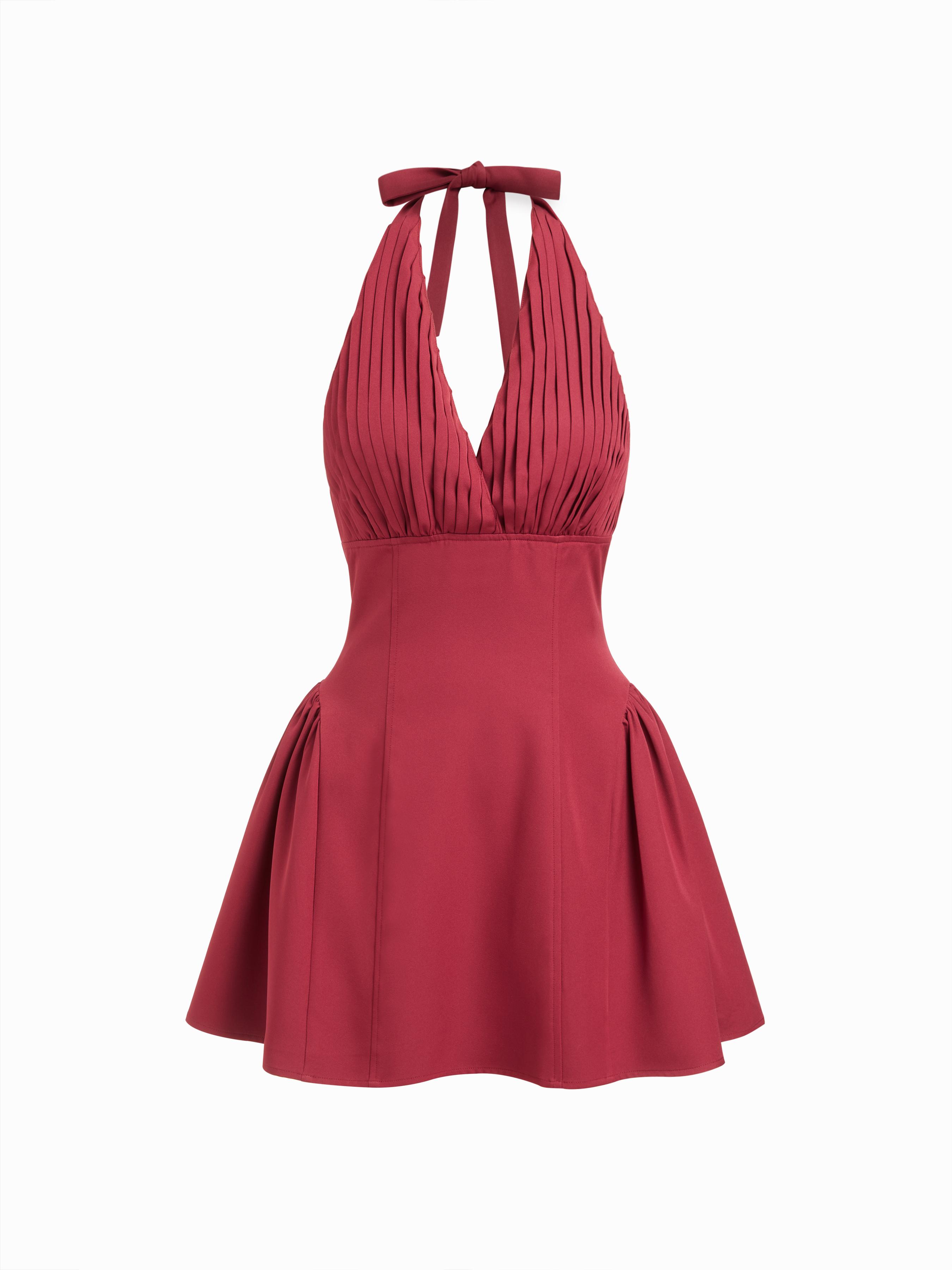 Halter Neck Pleated A-line Mini Dress by CIDER