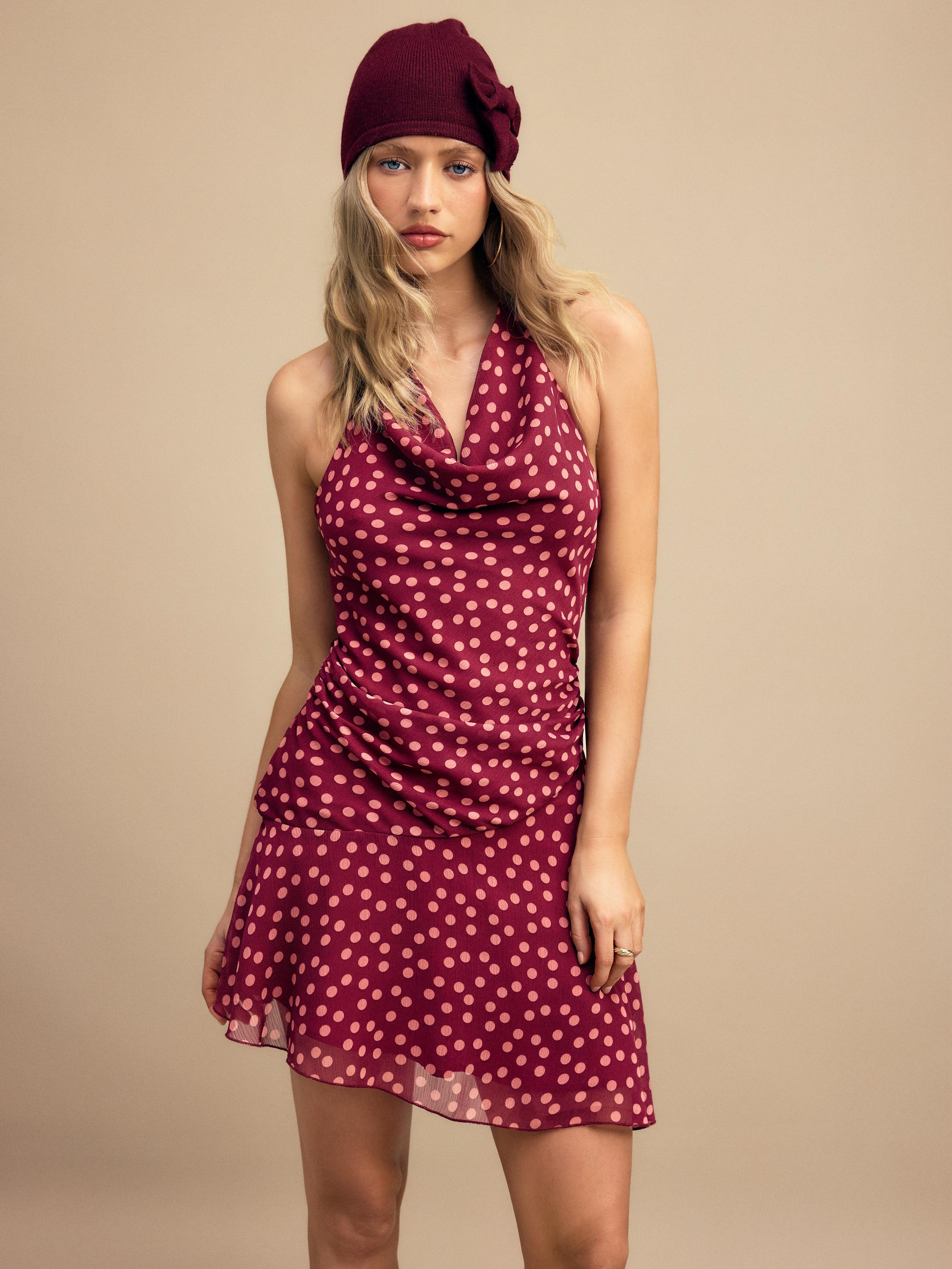 Halter Neck Polka Dot Ruched Asymmetrical Hem Mini Dress by CIDER