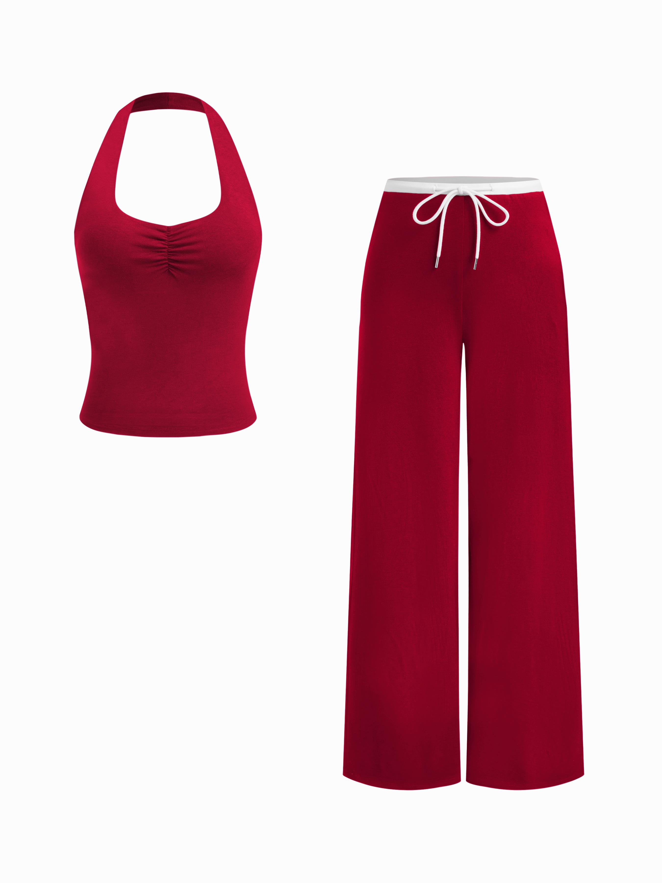 Halter Neck Ruched Top With Removable Padding & Two Tone Mid Rise Drawstring Straight Leg Trousers Loungewear Set by CIDER Halter Neck Ruched Top With Removable Padding & Two Tone Mid Rise Drawstring Straight Leg Trousers Loungewear Set by CIDER