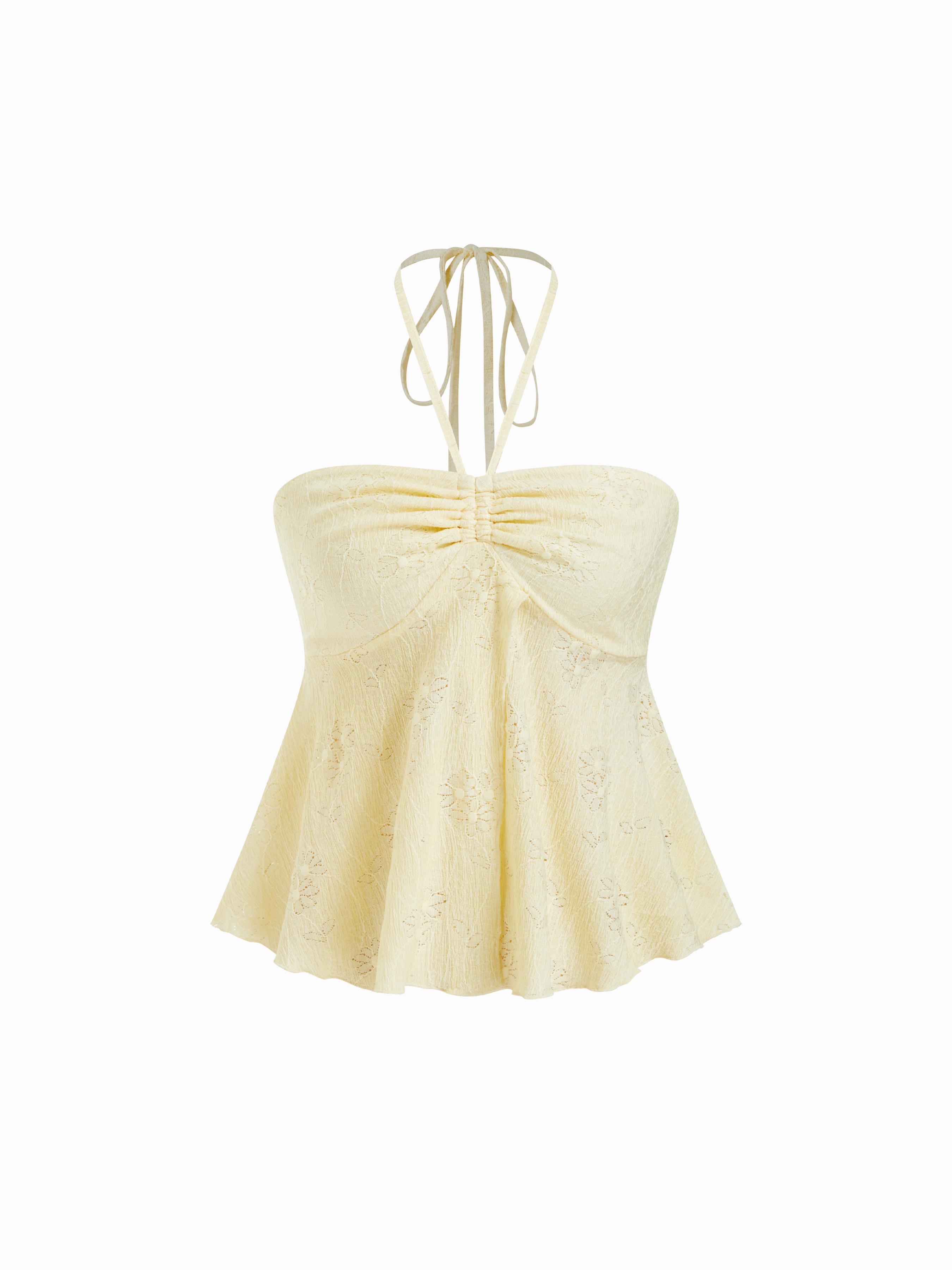 Halter Neck Shirred Lace Ruched Drawstring Crop Top by CIDER