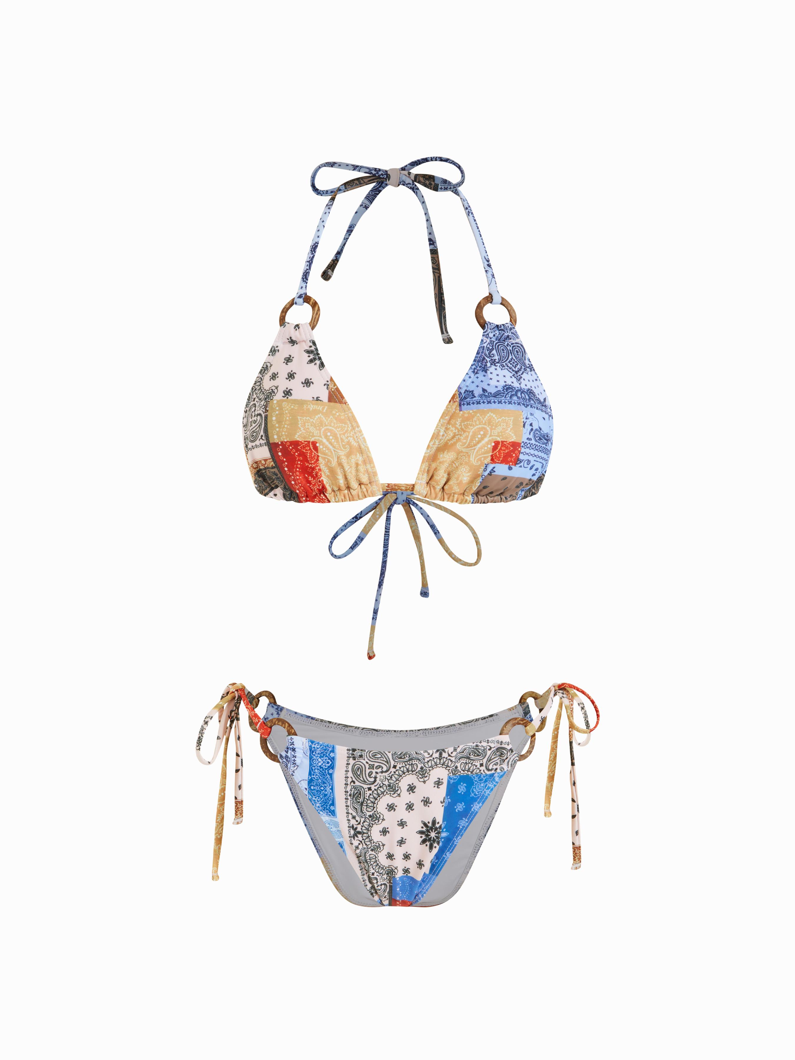 Halter Neckline Aztec Patchy Ring Linked Tie Side Triangle Bikini Set by CIDER