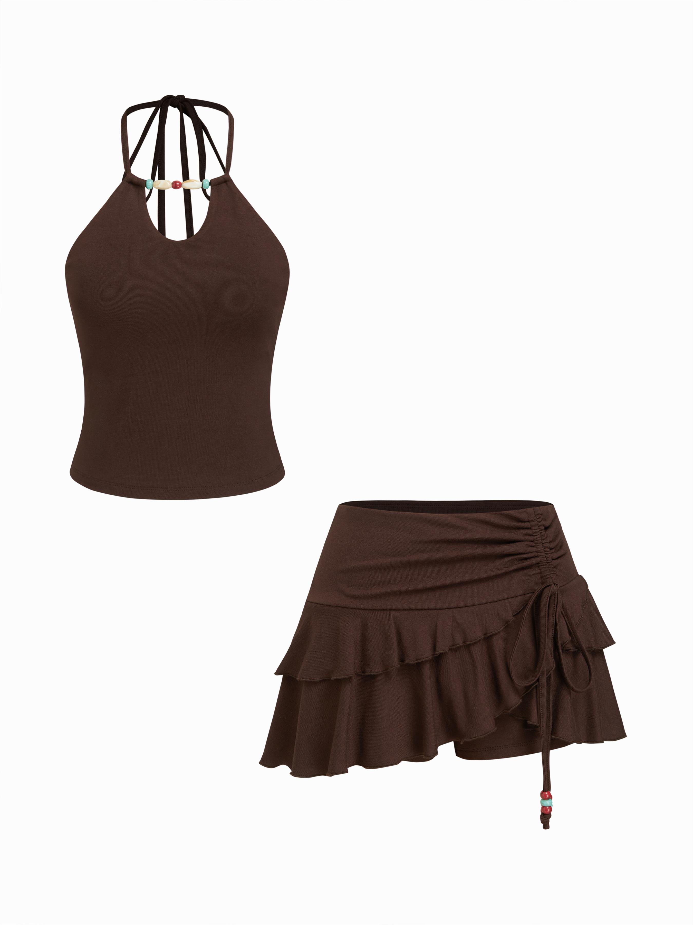 Halter Neckline Beaded Cami Top & Low Rise Drawstring Mini Skort Set by CIDER