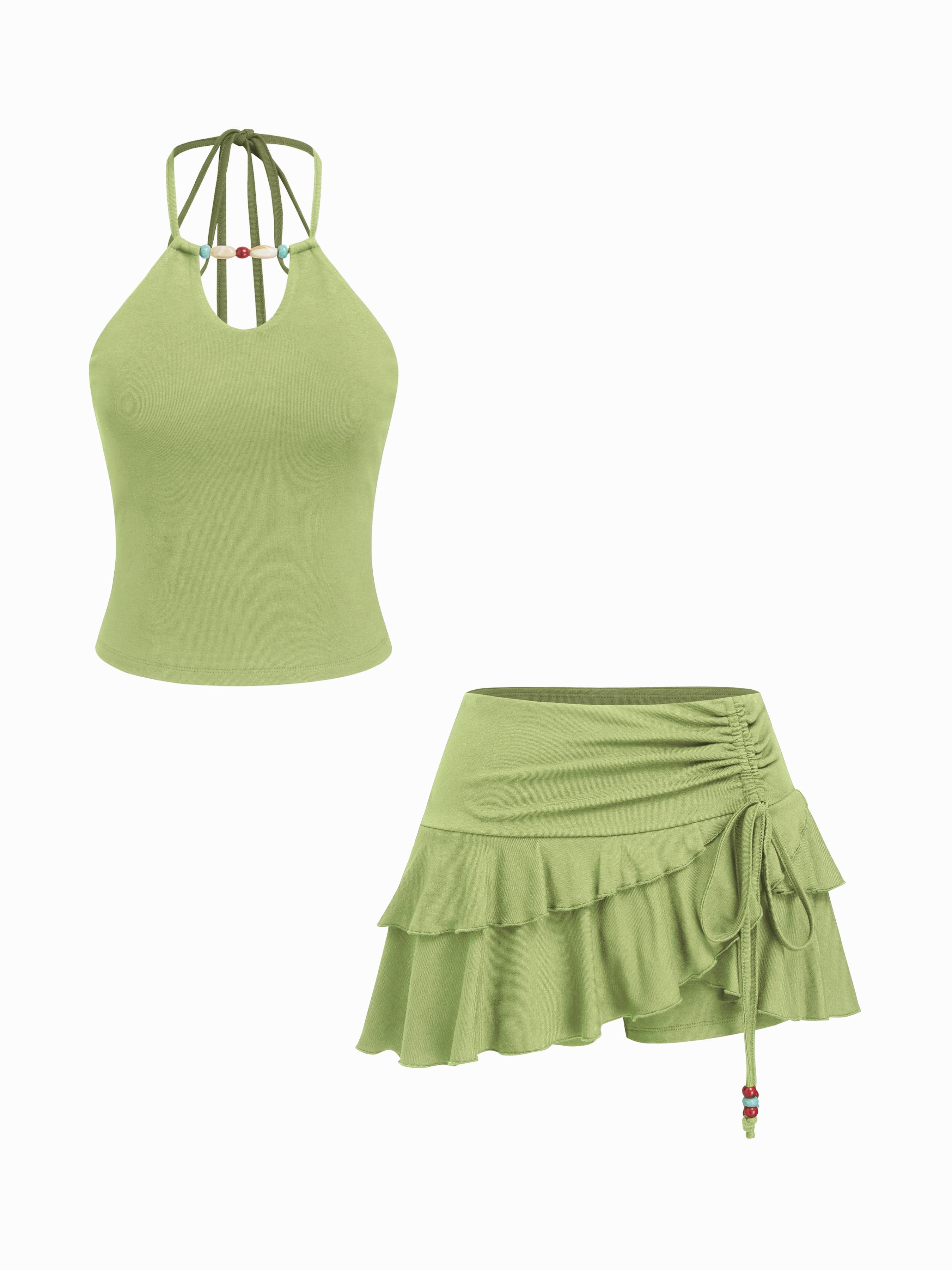 Halter Neckline Beaded Cami Top & Low Rise Drawstring Mini Skort Set by CIDER