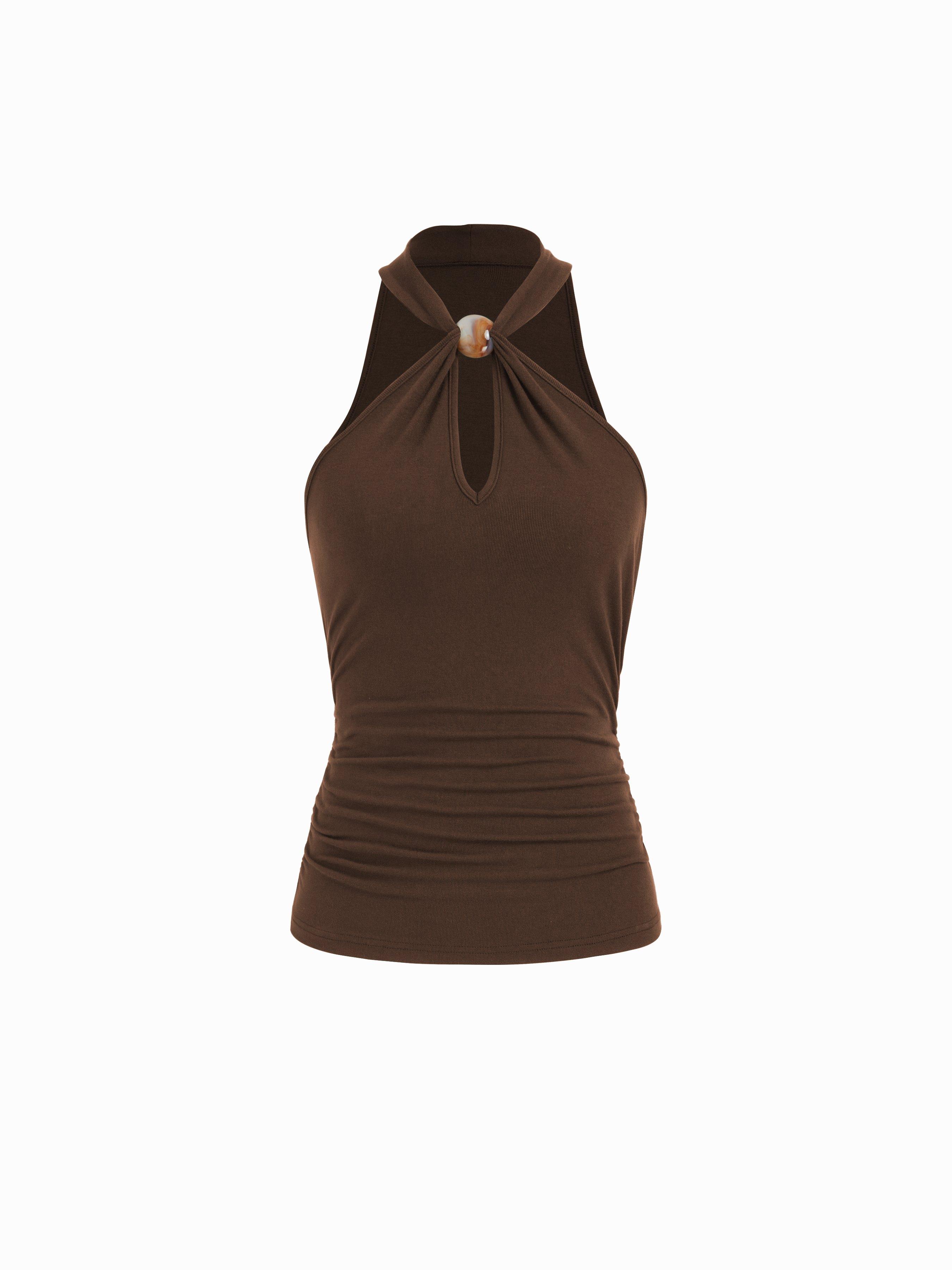 Halter Neckline Beaded Ruched Twist Knotted Top by CIDER