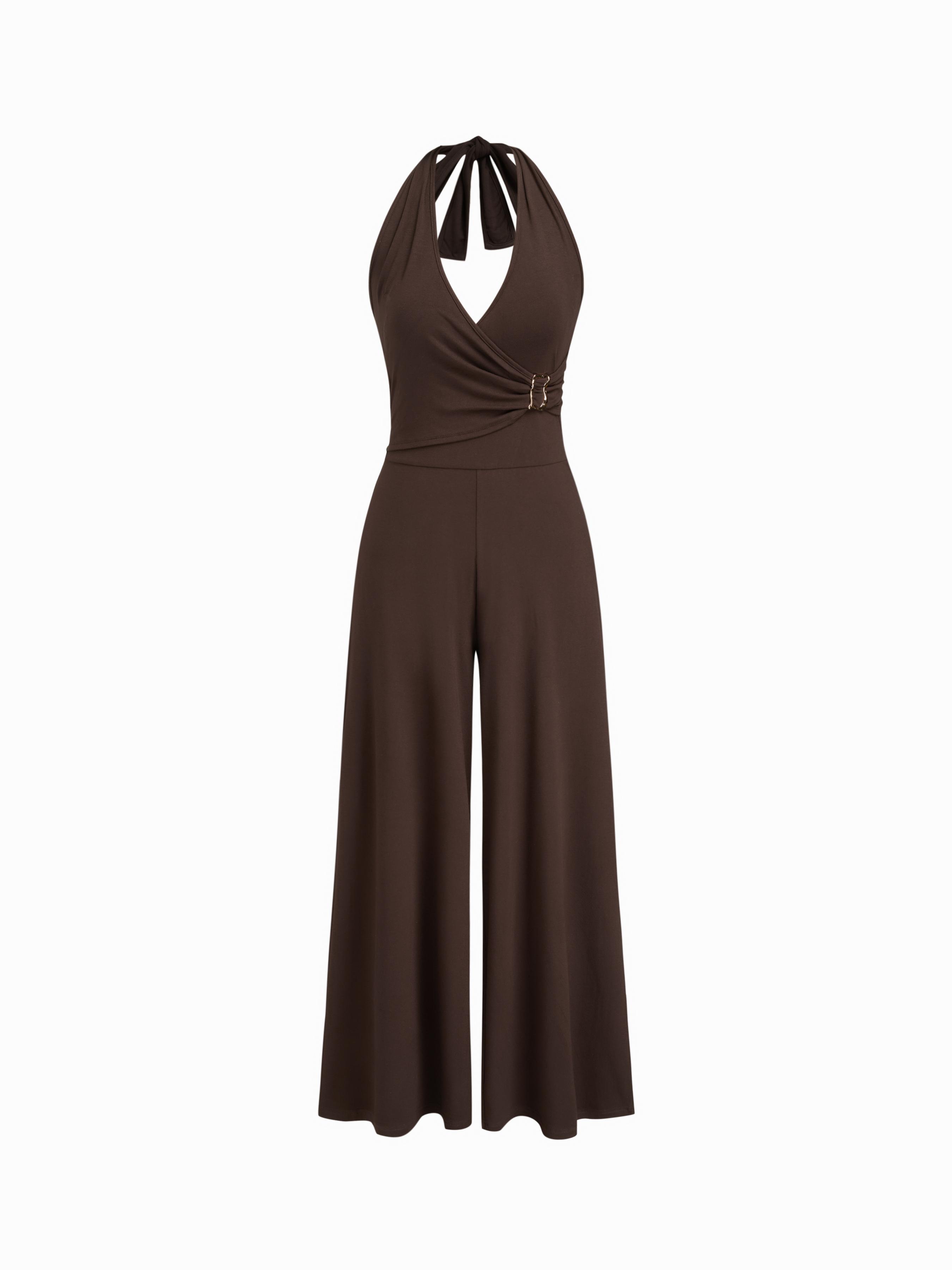 Halter Neckline Belted Ruched Jumpsuit by CIDER