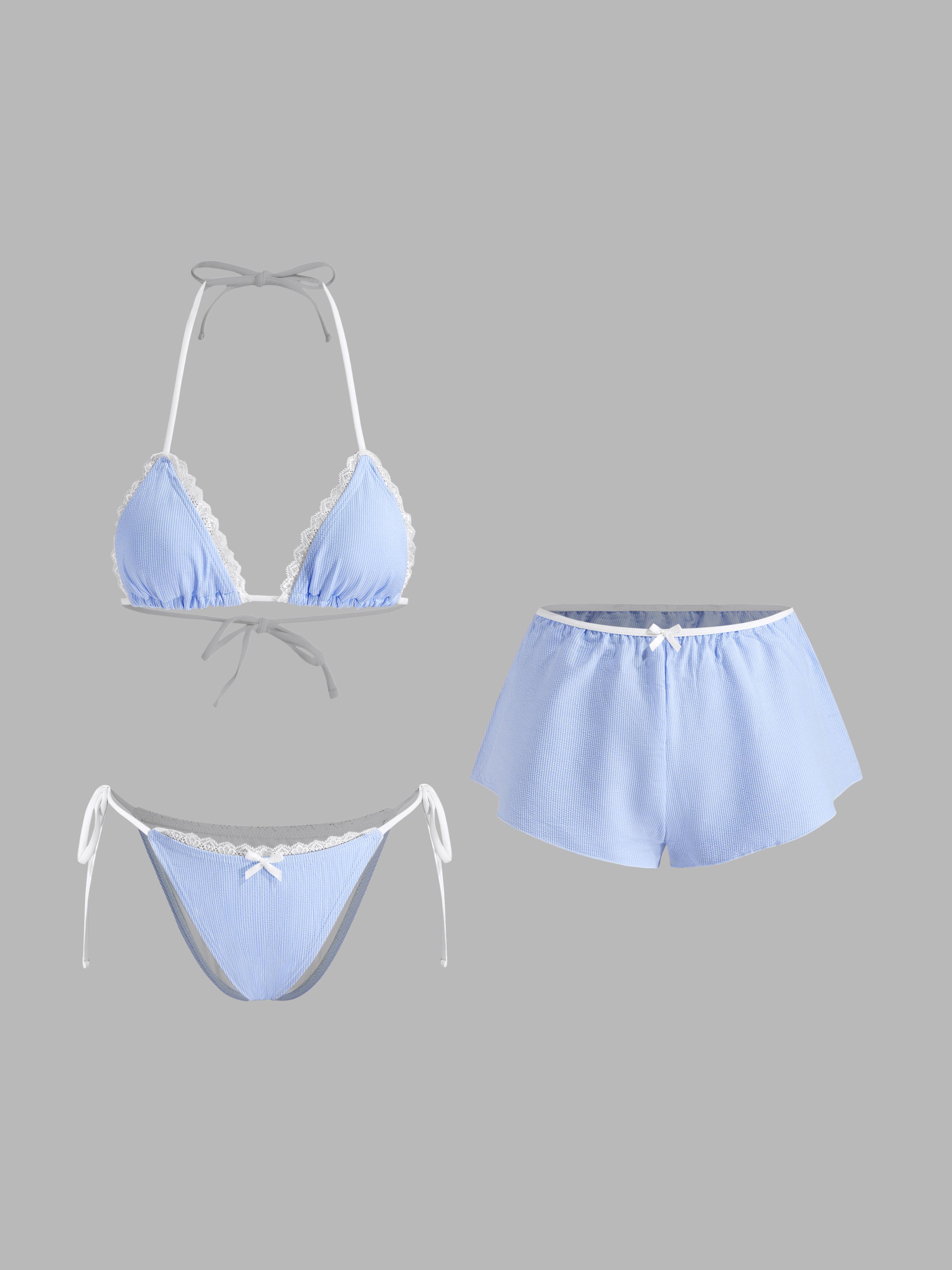 Halter Neckline Bowknot Lace Bikini Set & Cover Up Shorts by CIDER