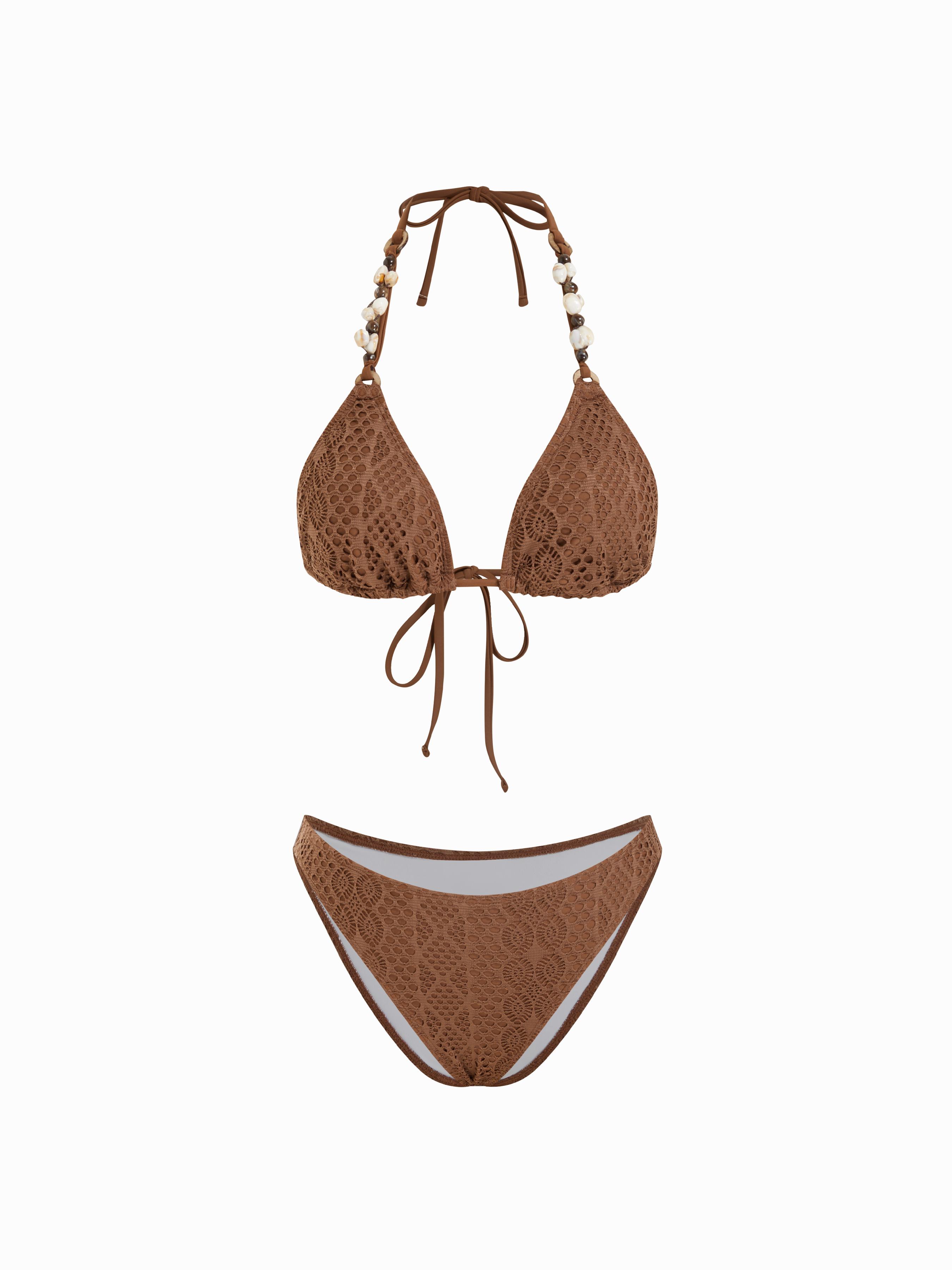 Halter Neckline Broderie Anglaise Beaded Detail Ring Linked Triangle Bikini Set by CIDER