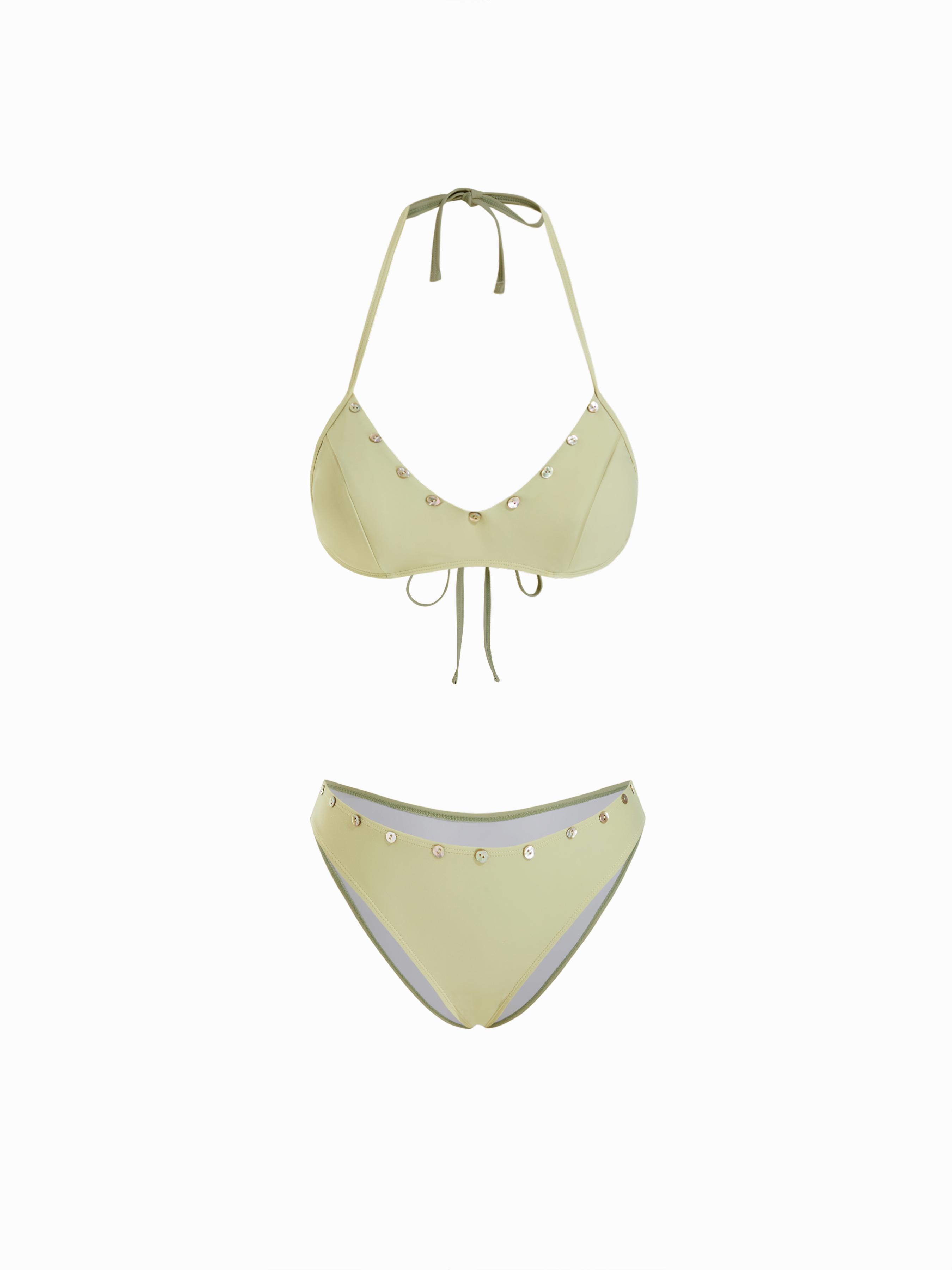 Halter Neckline Button Trim Cheeky Bikini Set by CIDER