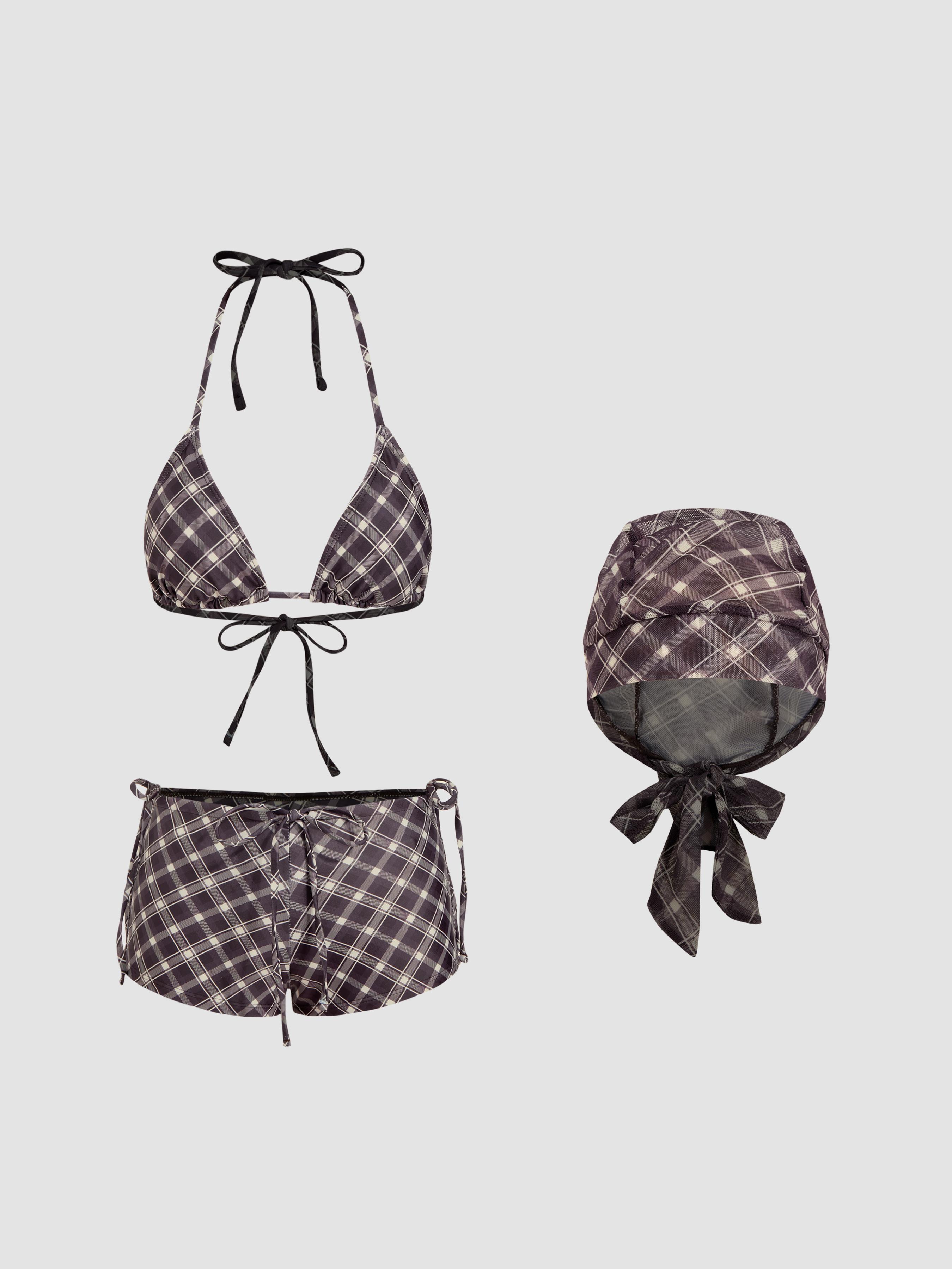 Halter Neckline Check Knotted Triangle Tie Side Bikini Set With Cover Up Shorts & Headscarf by CIDER