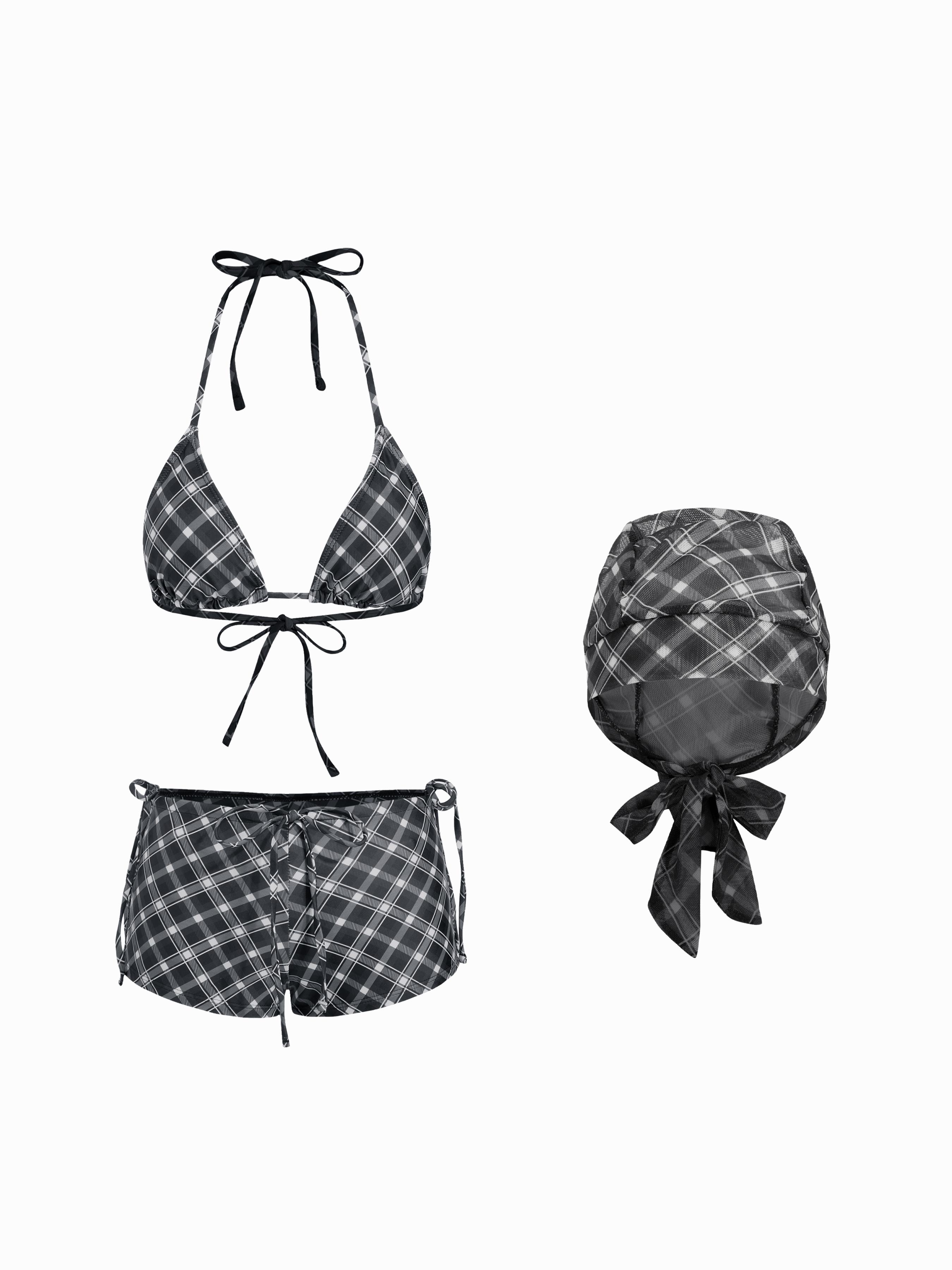 Halter Neckline Check Knotted Triangle Tie Side Bikini Set With Cover Up Shorts & Headscarf by CIDER