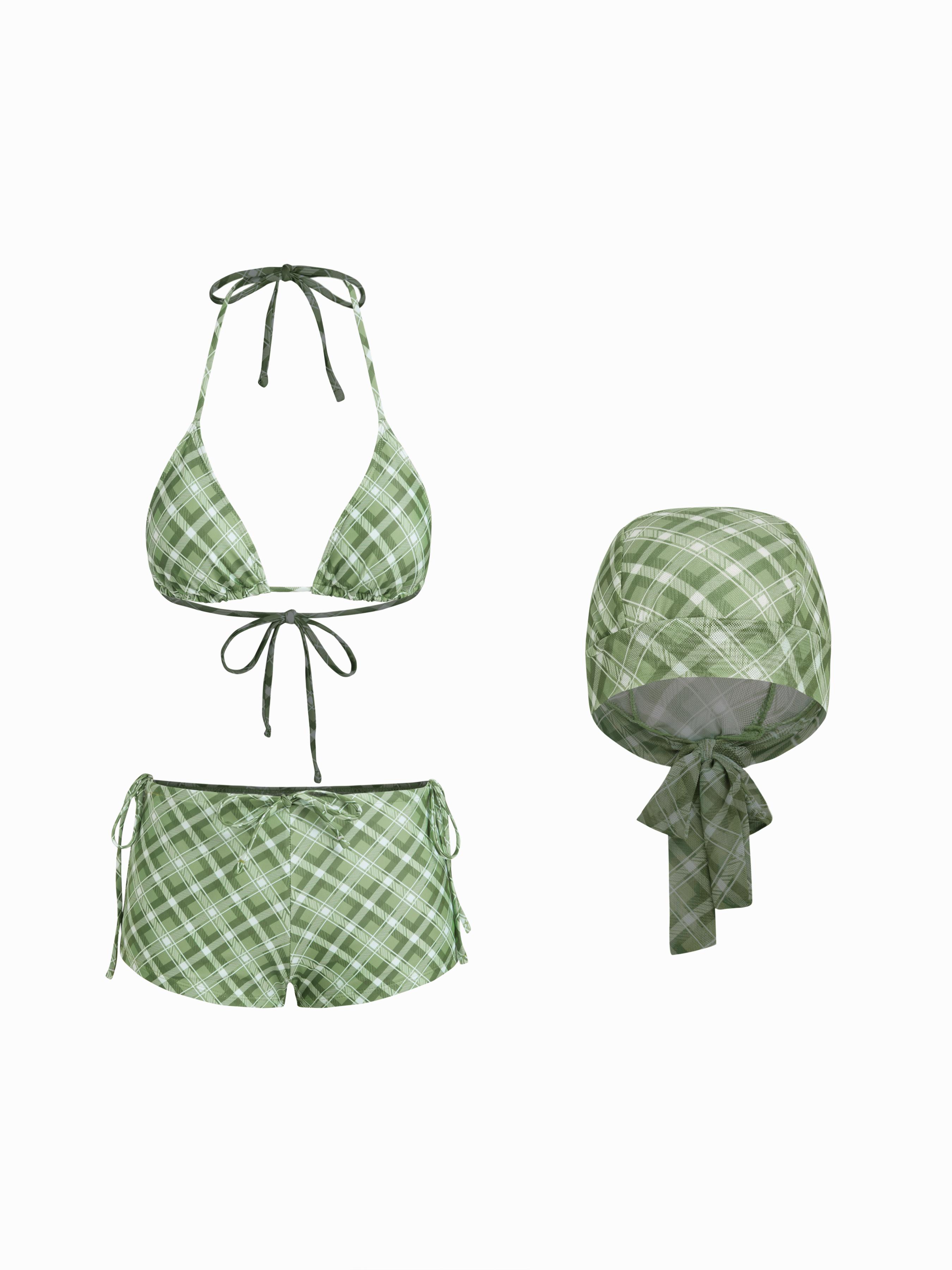Halter Neckline Check Knotted Triangle Tie Side Bikini Set With Cover Up Shorts & Headscarf by CIDER