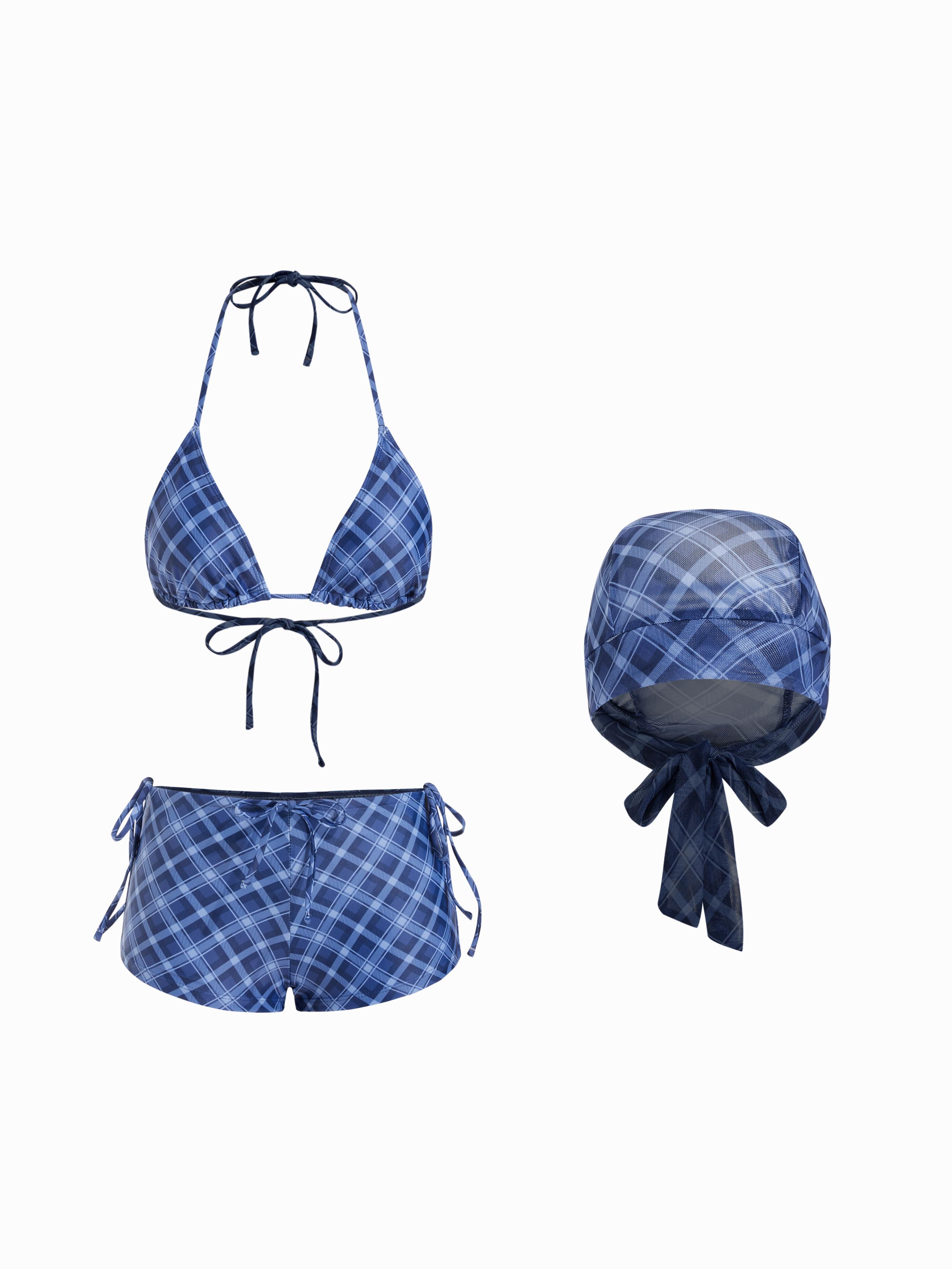 Halter Neckline Check Knotted Triangle Tie Side Bikini Set With Cover Up Shorts & Headscarf by CIDER