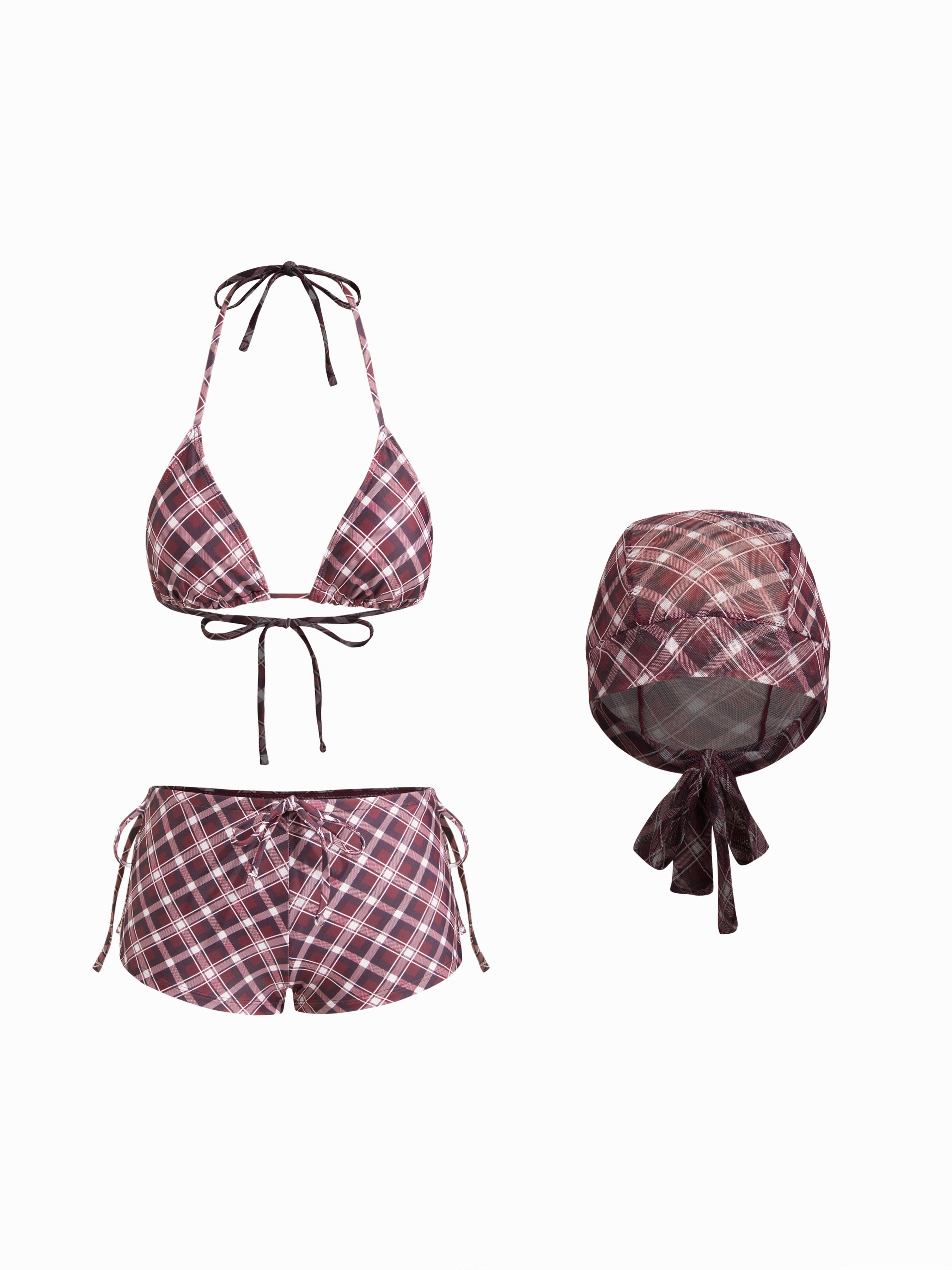 Halter Neckline Check Knotted Triangle Tie Side Bikini Set With Cover Up Shorts & Headscarf by CIDER