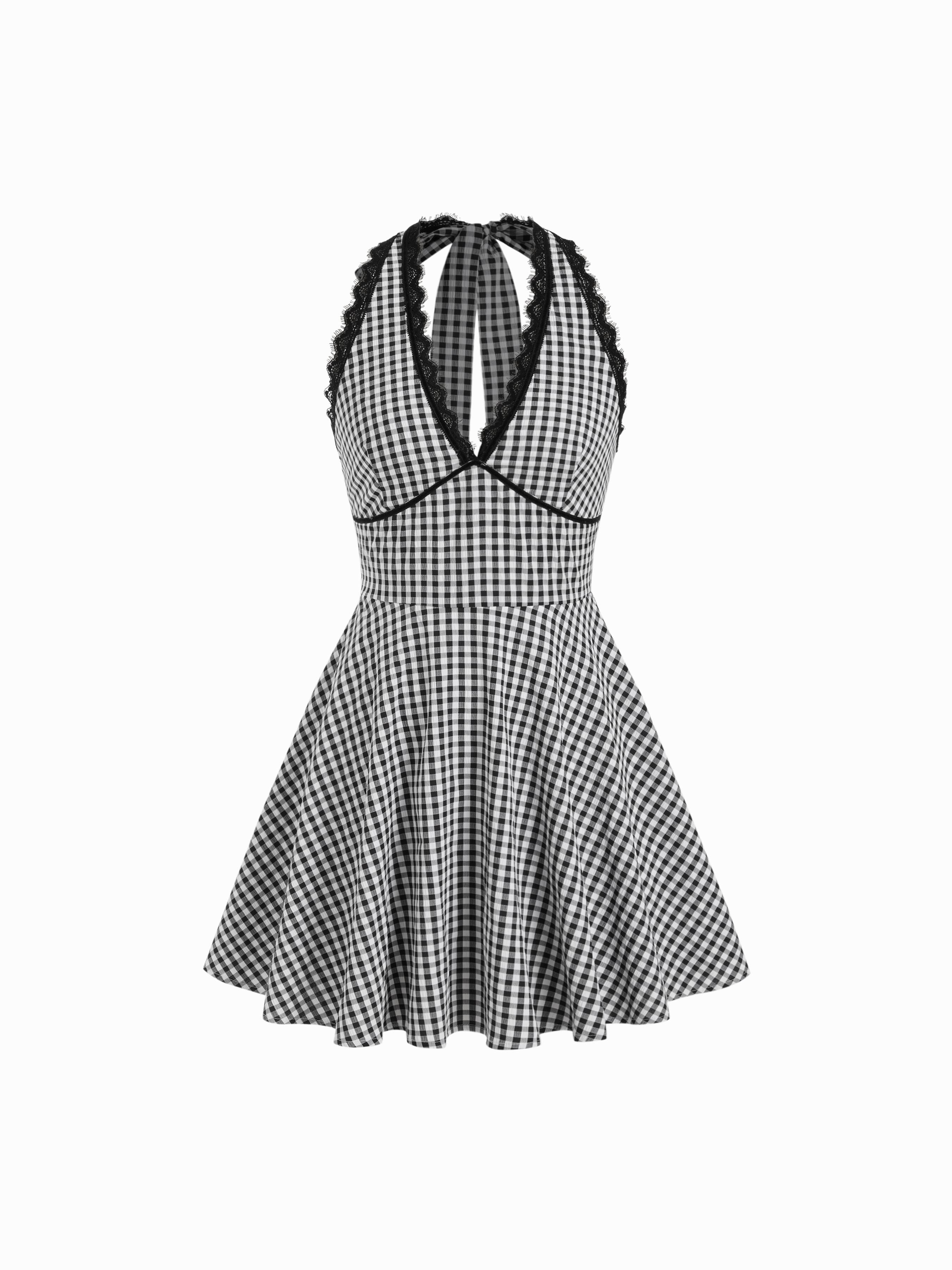 Halter Neckline Checks Lace Trim Tie Back Mini Dress by CIDER