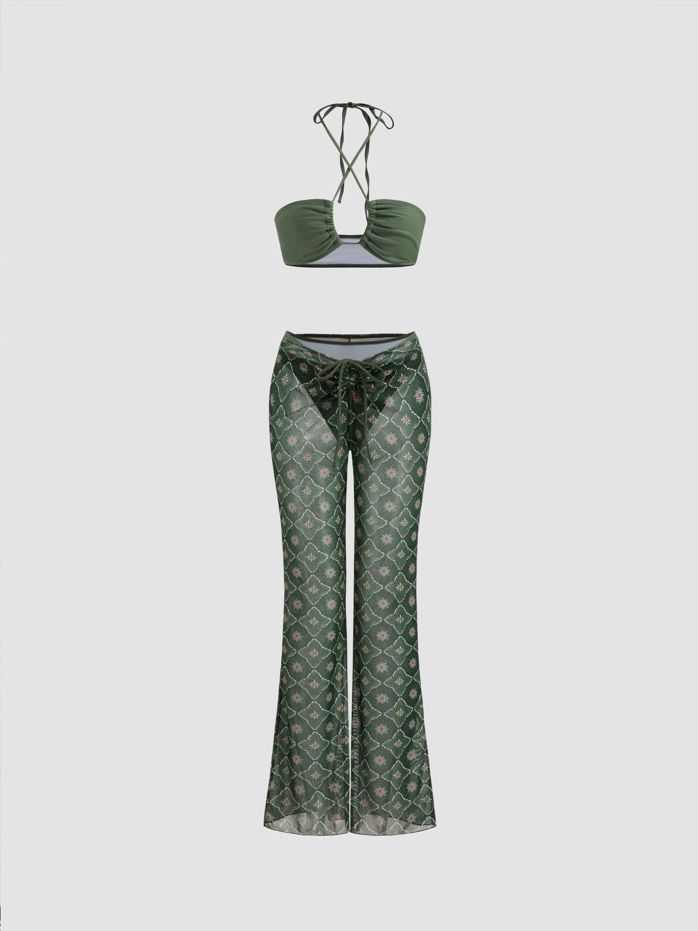 Halter Neckline Criss Cross Cheeky Bikini Set With Floral Cover Up Pants by CIDER