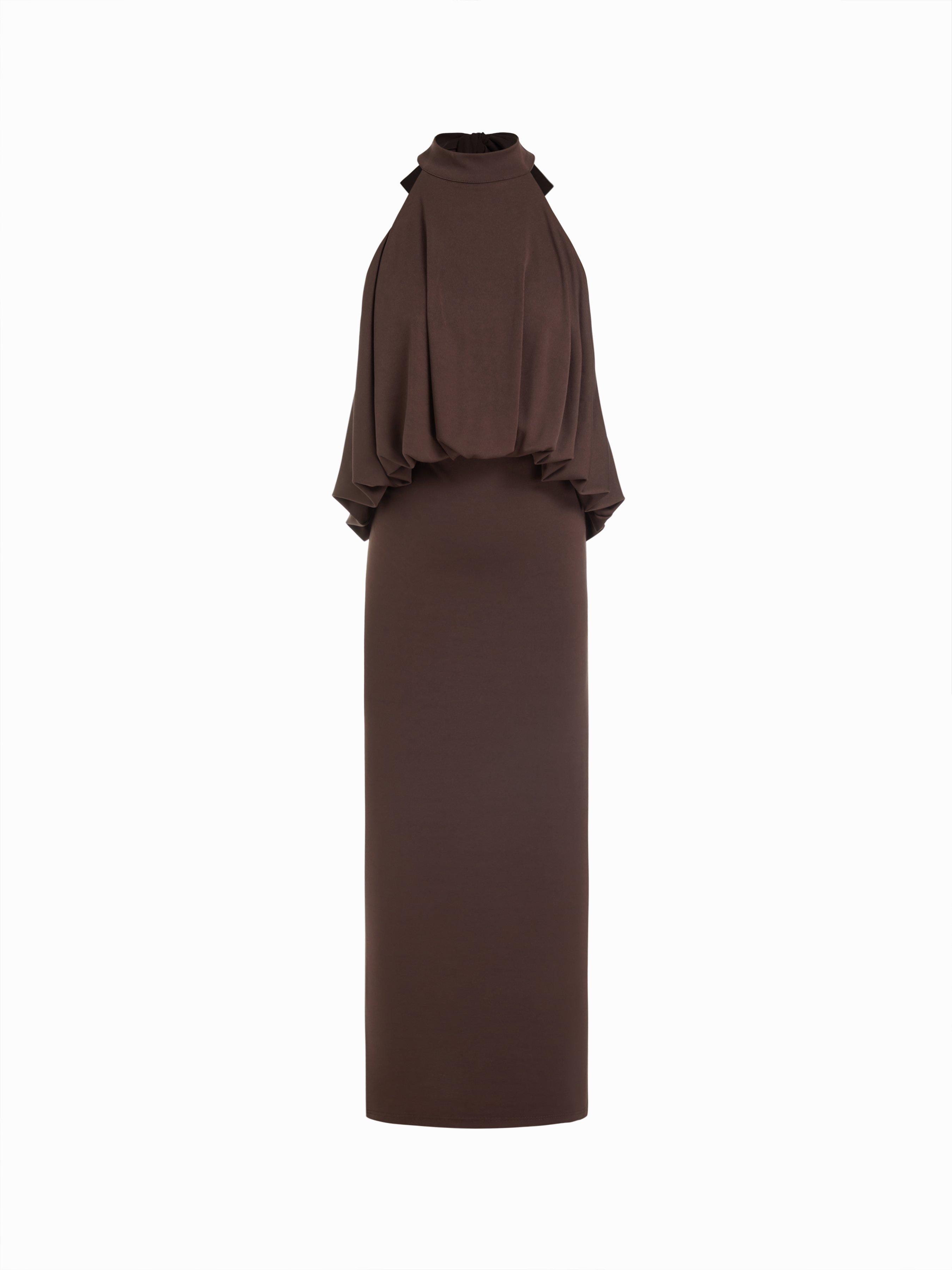 Halter Neckline Draped Ruched Straight Maxi Dress by CIDER