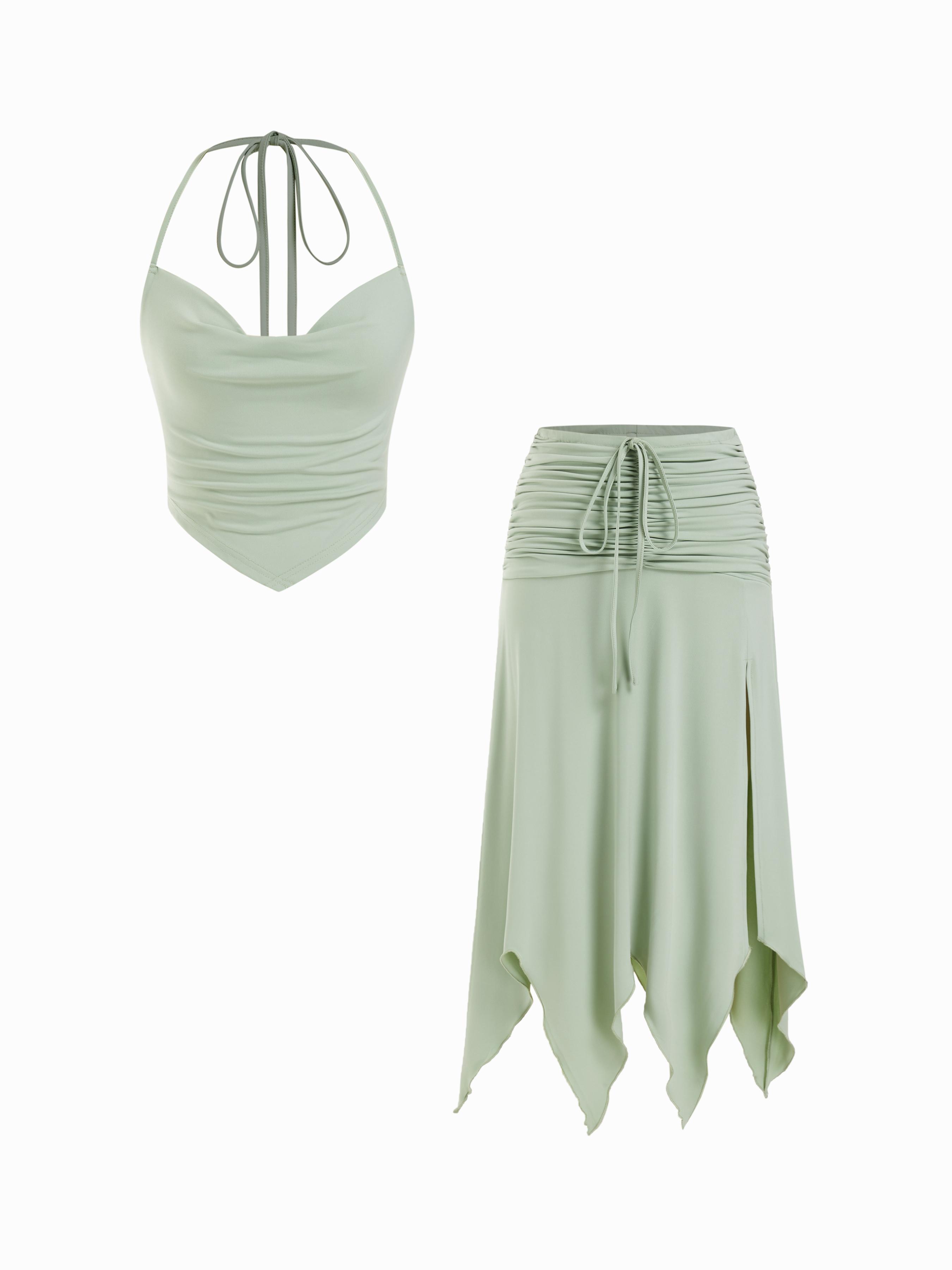 Halter Neckline Drawstring Top & Ruched Hanky Hem Maxi Skirt Set by CIDER