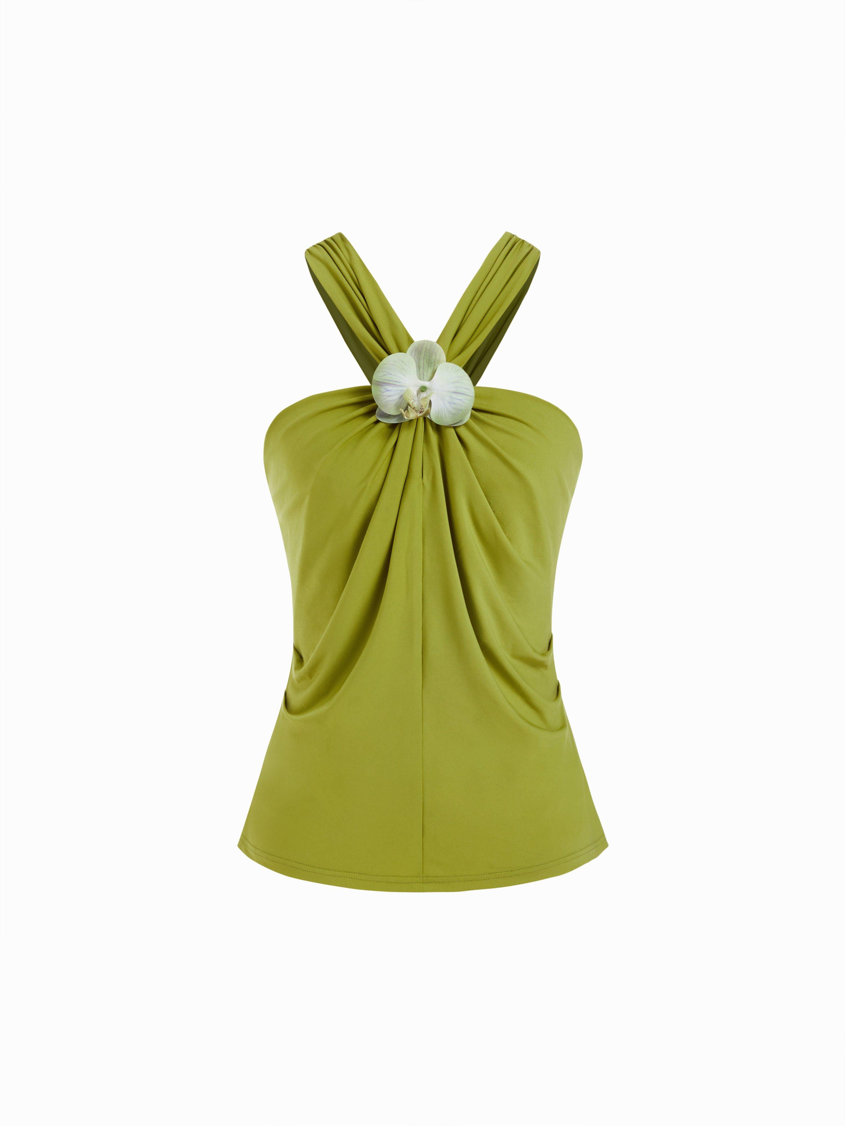 Halter Neckline Floral Applique Ruched Criss Cross Top by CIDER