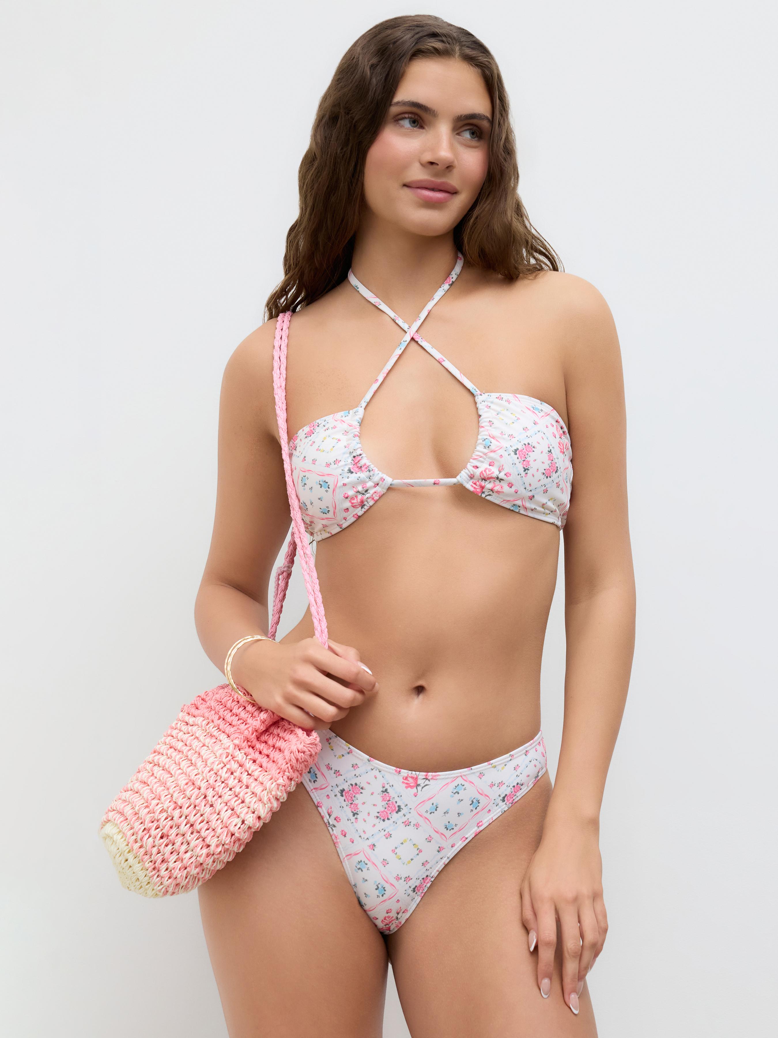 Halter Neckline Floral Criss Cross Cut Out Cheeky Bikini Set by CIDER