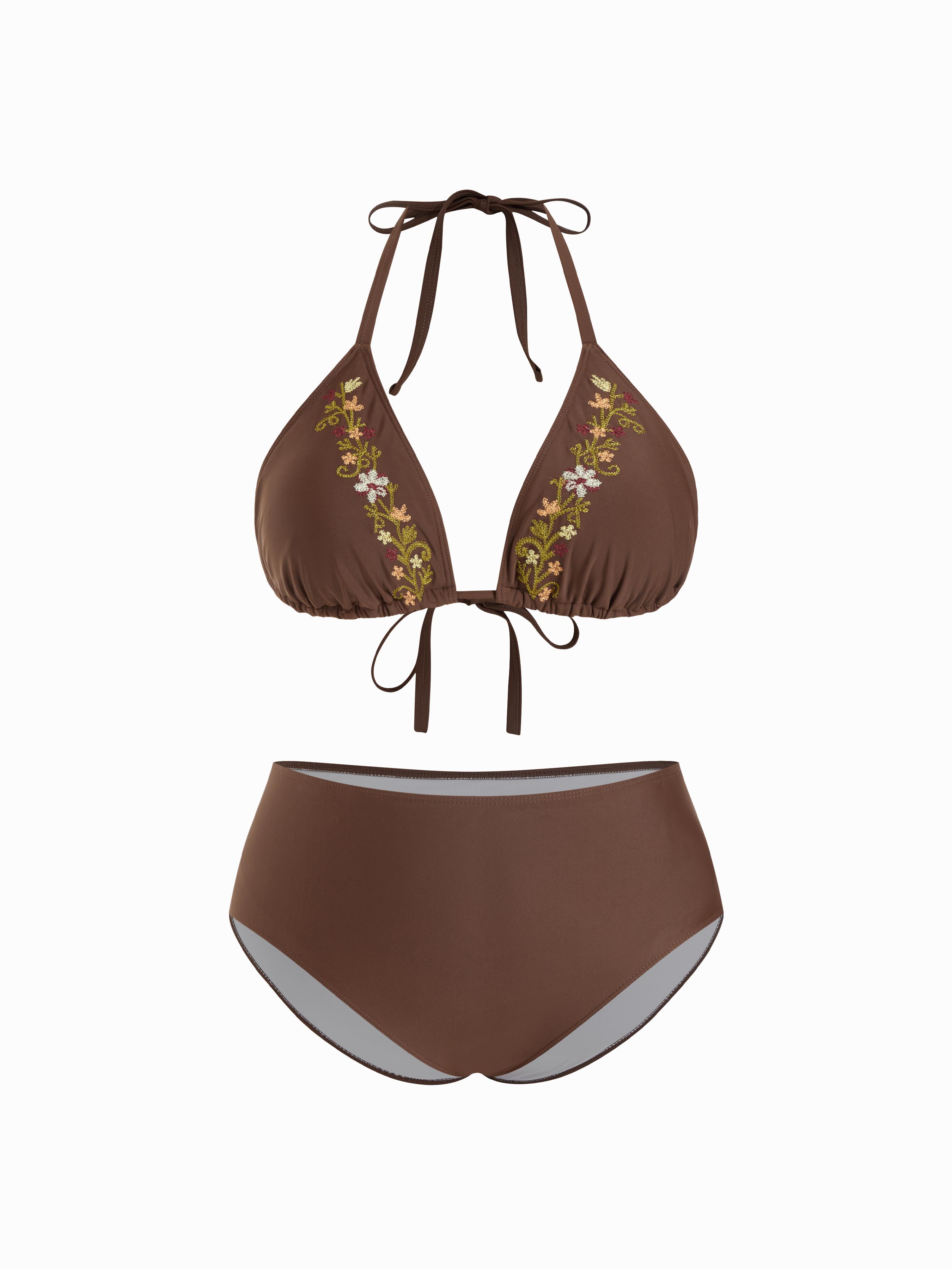 Halter Neckline Floral Embroidery Triangle Top & Mid Rise Full Coverage Bikini Set Curve & Plus by CIDER