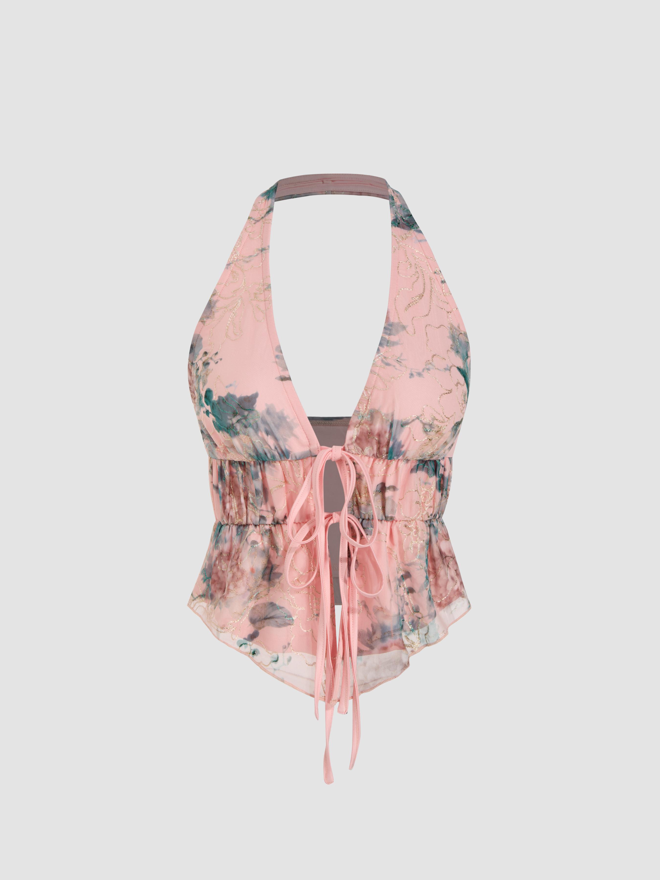 Halter Neckline Floral Knotted Tank Top by CIDER