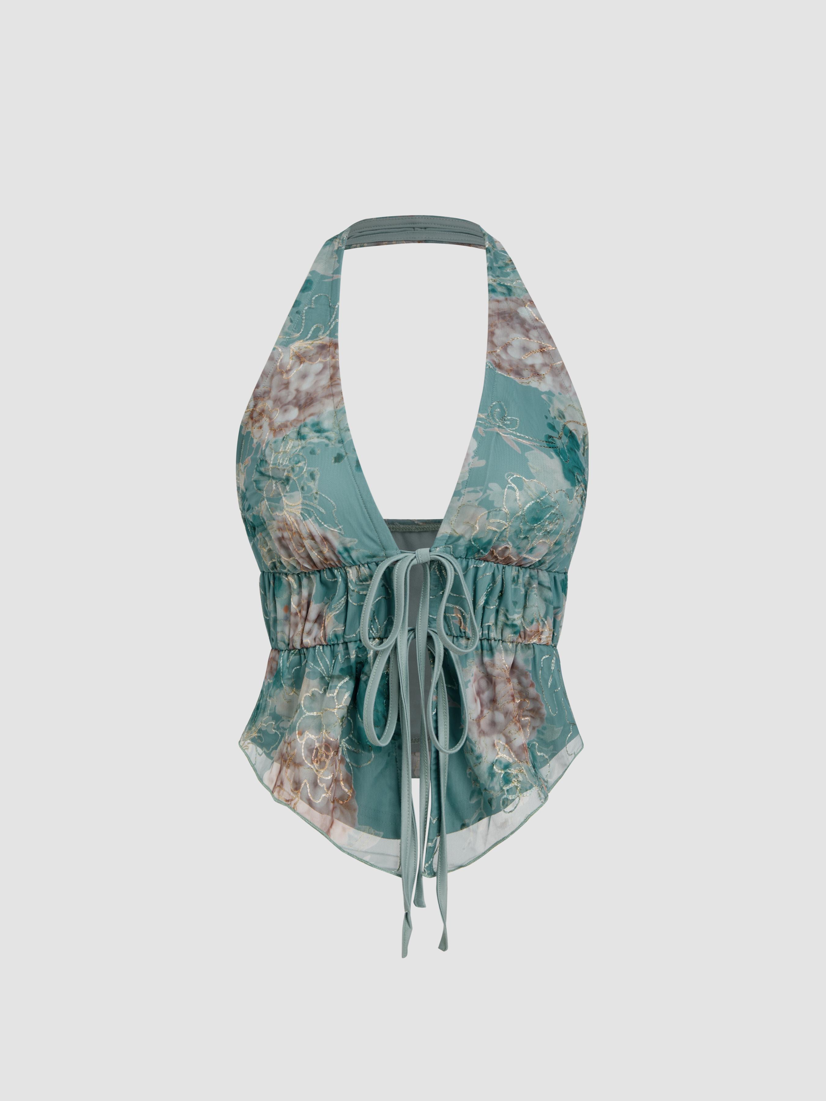 Halter Neckline Floral Knotted Tank Top by CIDER
