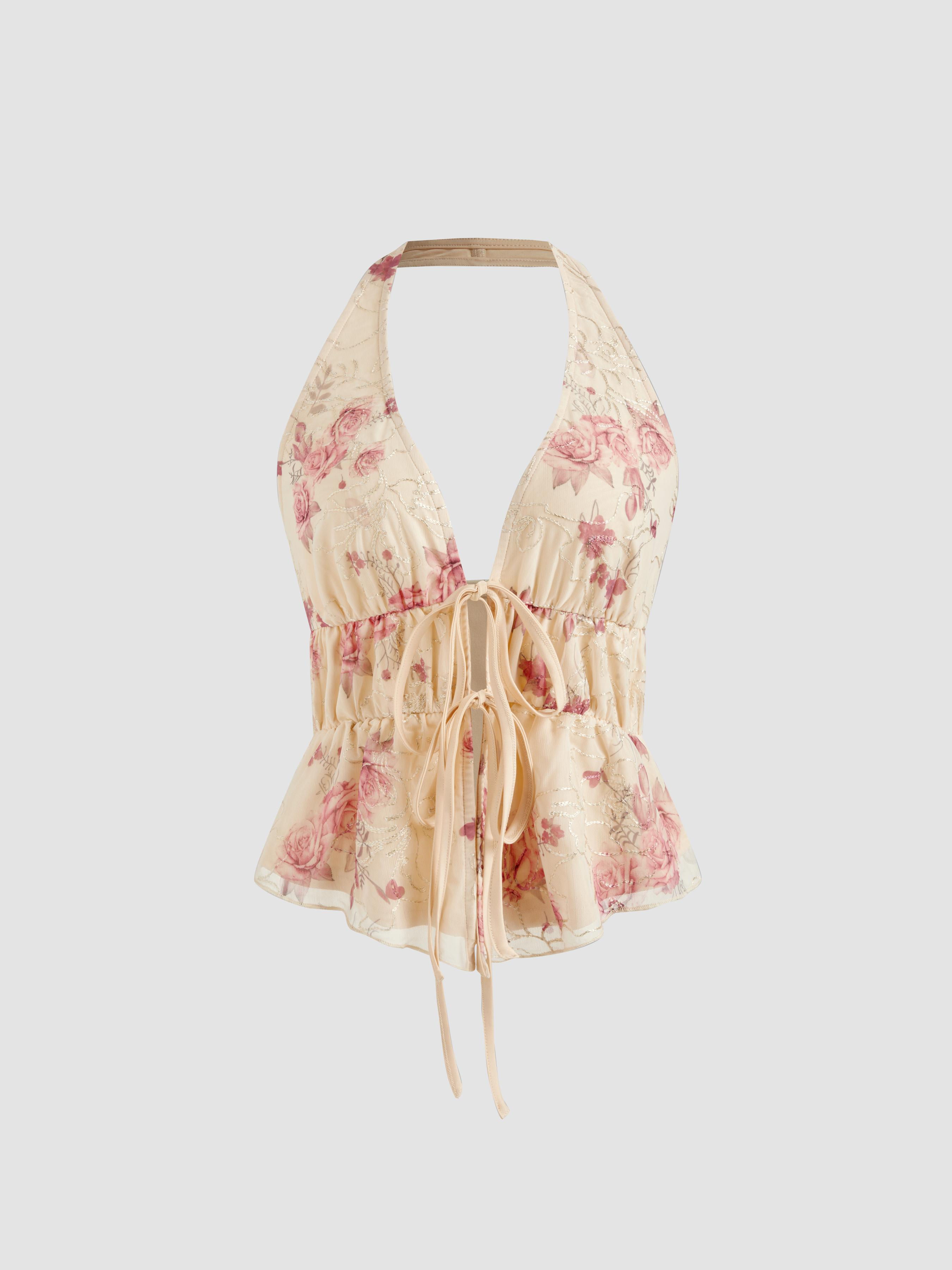 Halter Neckline Floral Knotted Tank Top by CIDER