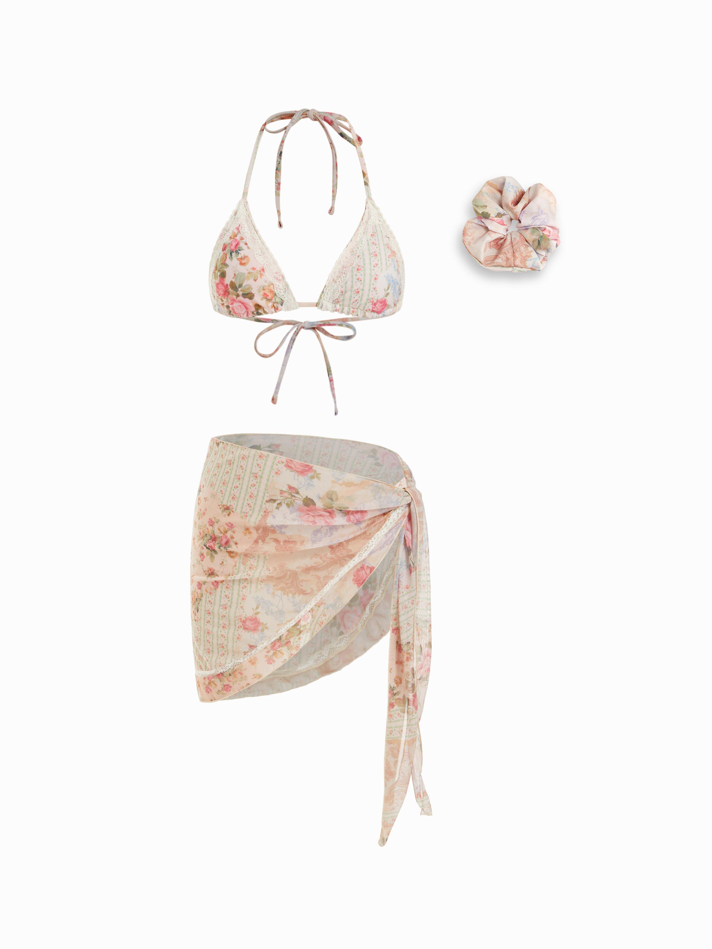 Halter Neckline Floral Lace Trim Triangle Bikini Set With Sarong & Scrunchie by CIDER