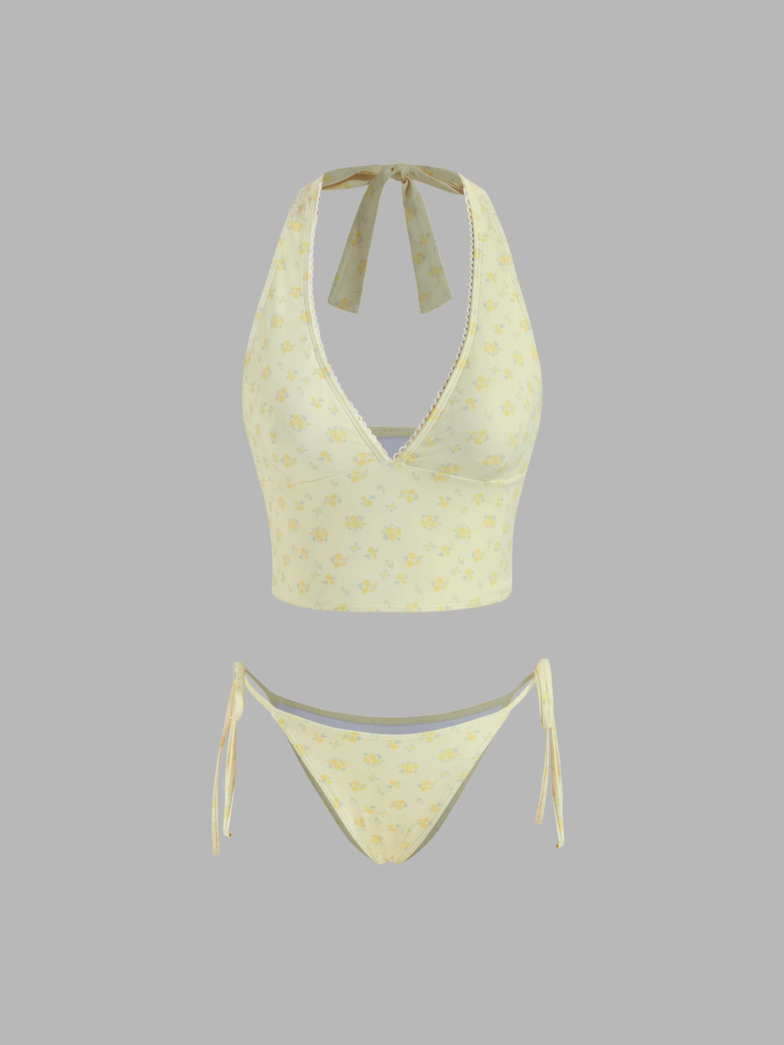 Halter Neckline Floral Tankini Tie Side Bikini Set by CIDER