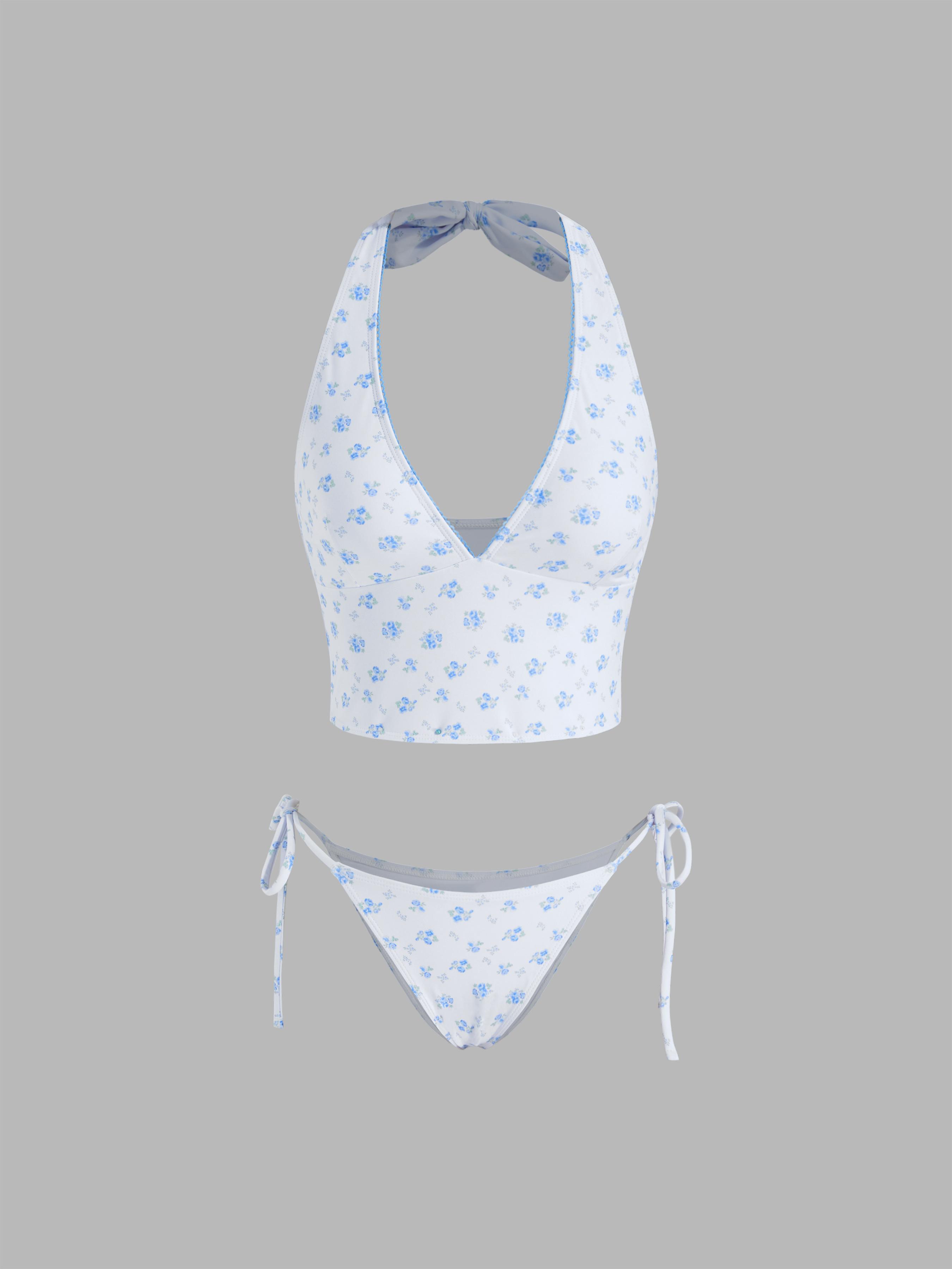 Halter Neckline Floral Tankini Tie Side Bikini Set by CIDER