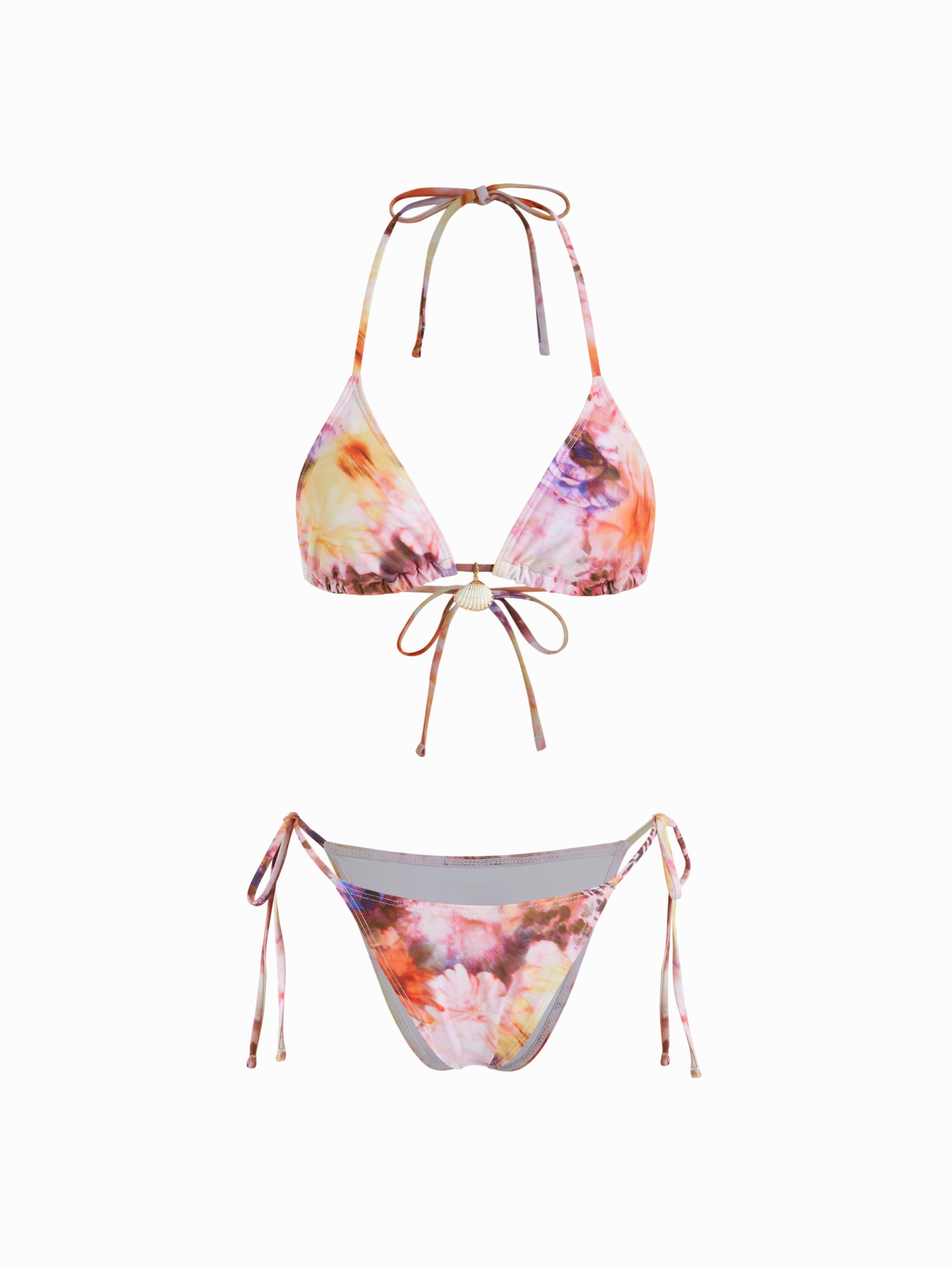 Halter Neckline Floral Tie Dye Triangle Bikini Set With Shell Charm by CIDER