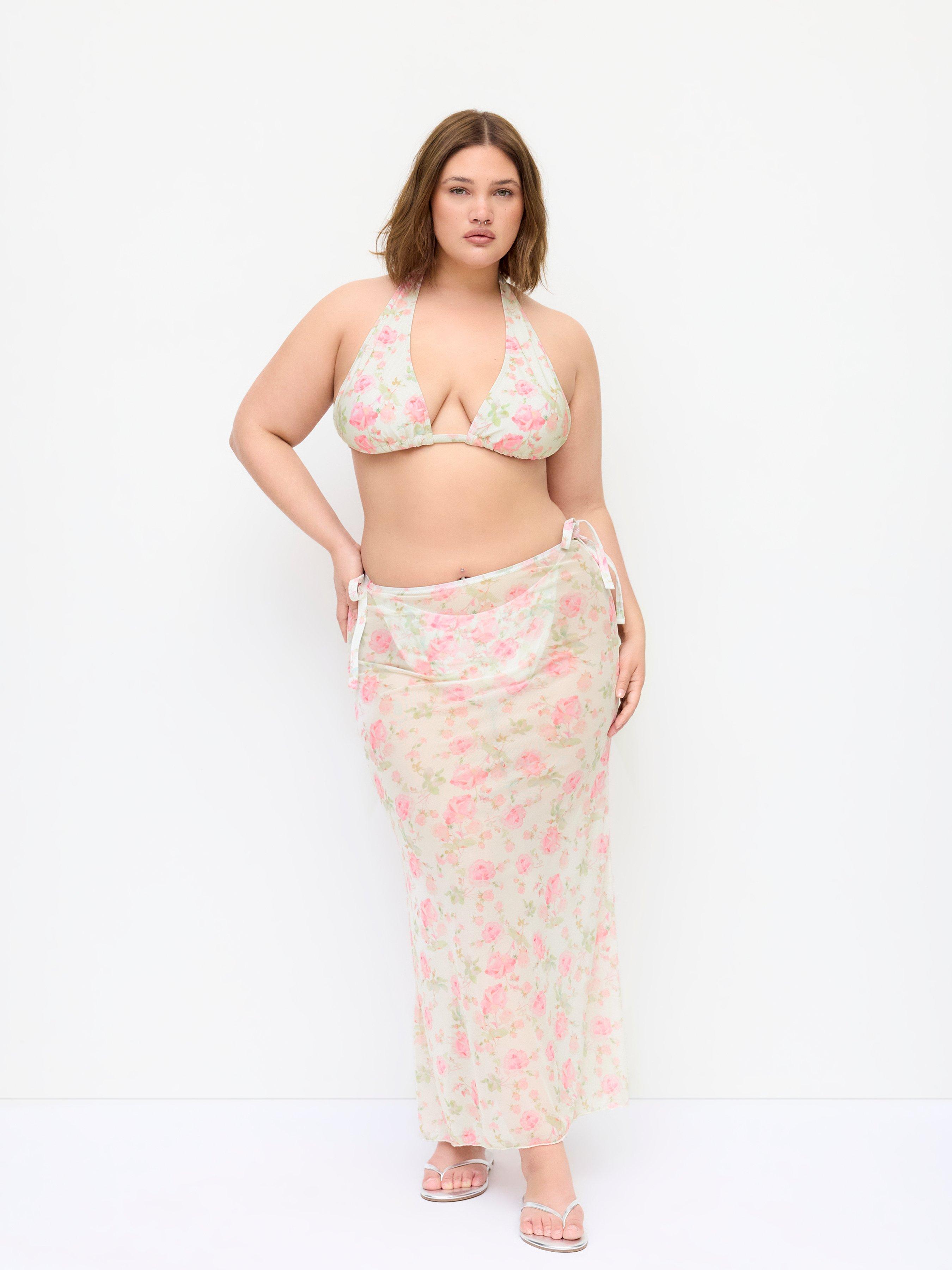 Halter Neckline Floral Tie Side Bikini Set With Skirt Curve & Plus by CIDER