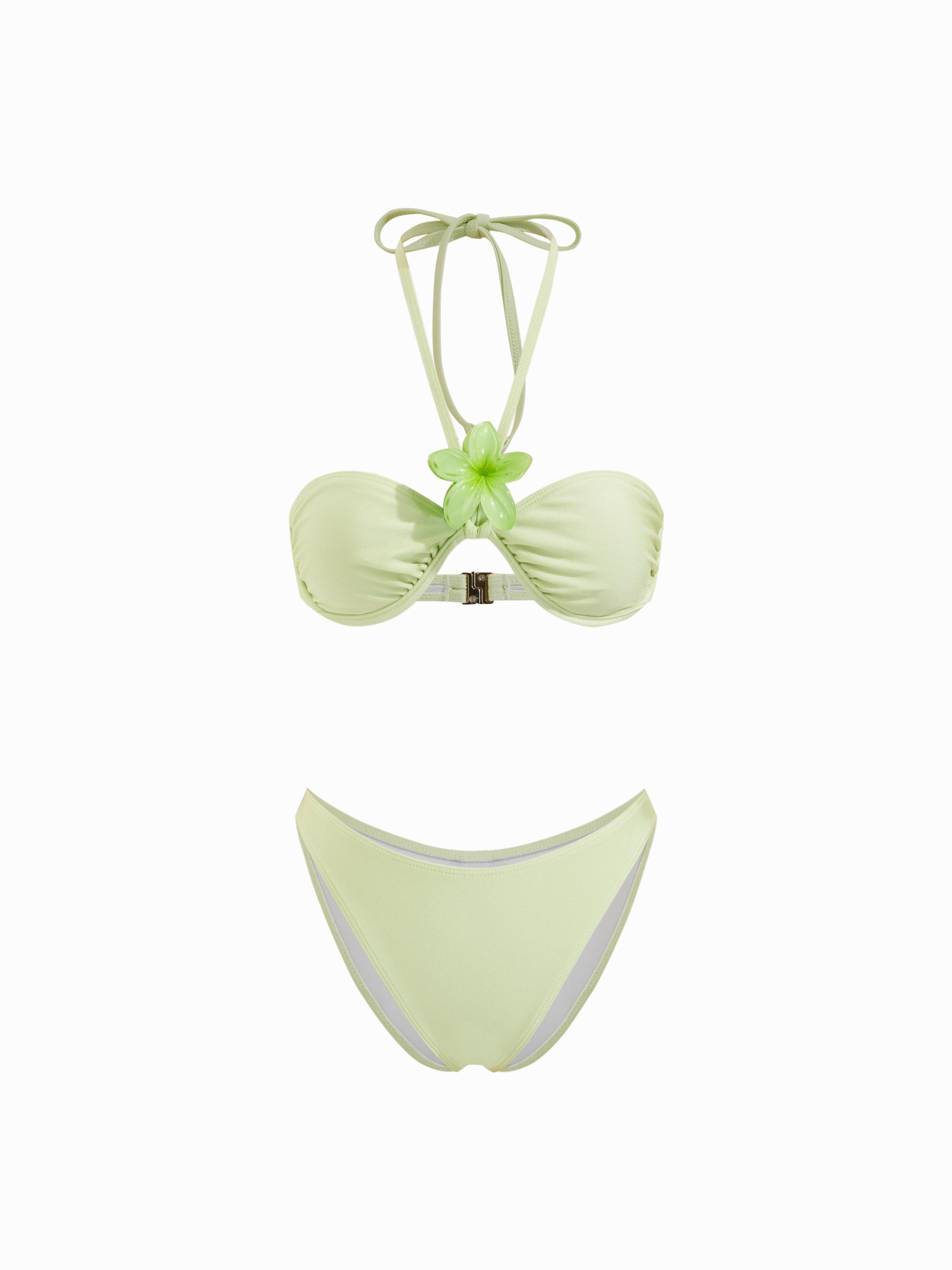 Halter Neckline Flower Detail Ruched Underwire Cheeky Bikini Set by CIDER