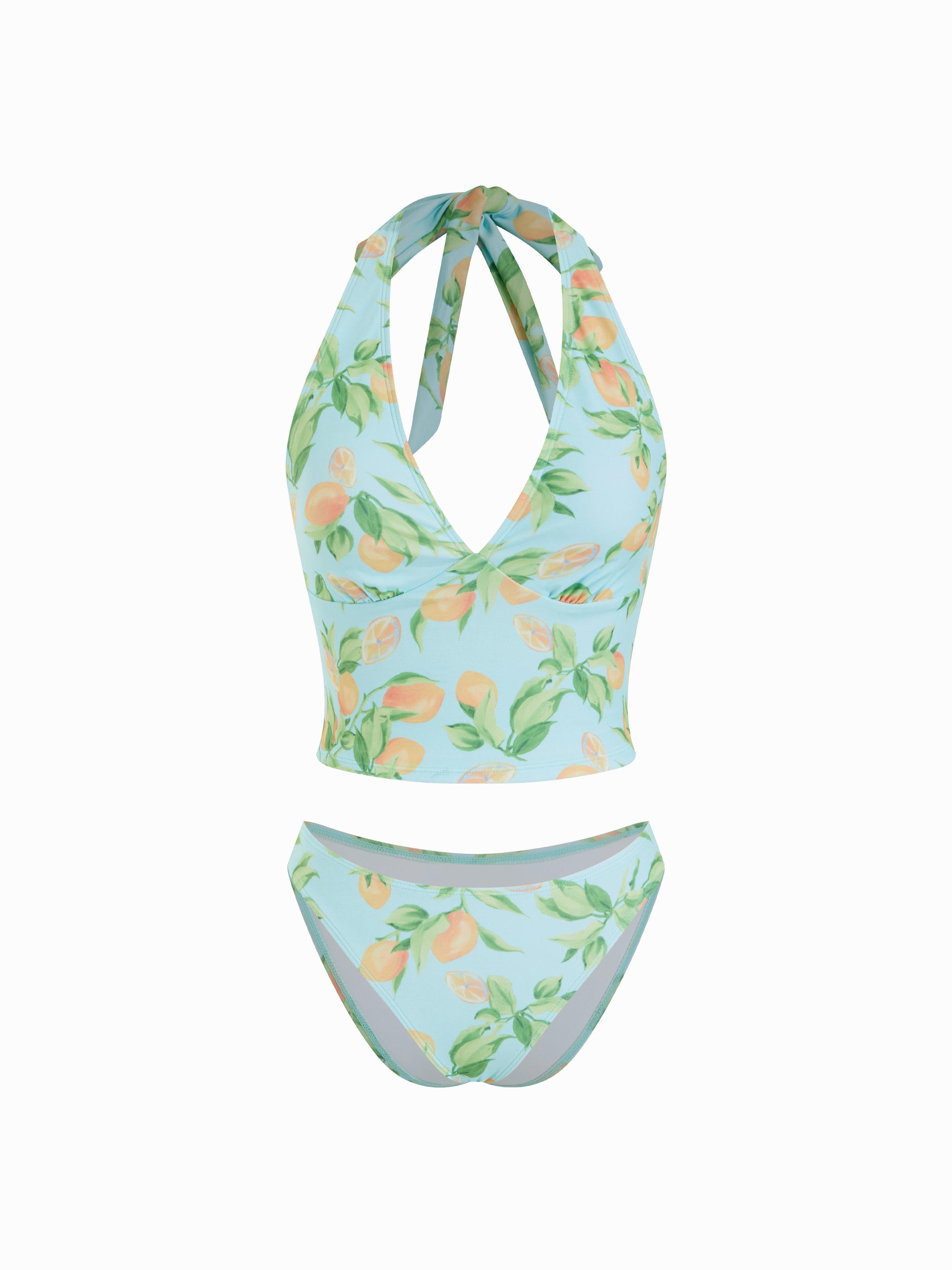 Halter Neckline Fruit Graphic Tankini Low Rise Cheeky Bikini Set by CIDER