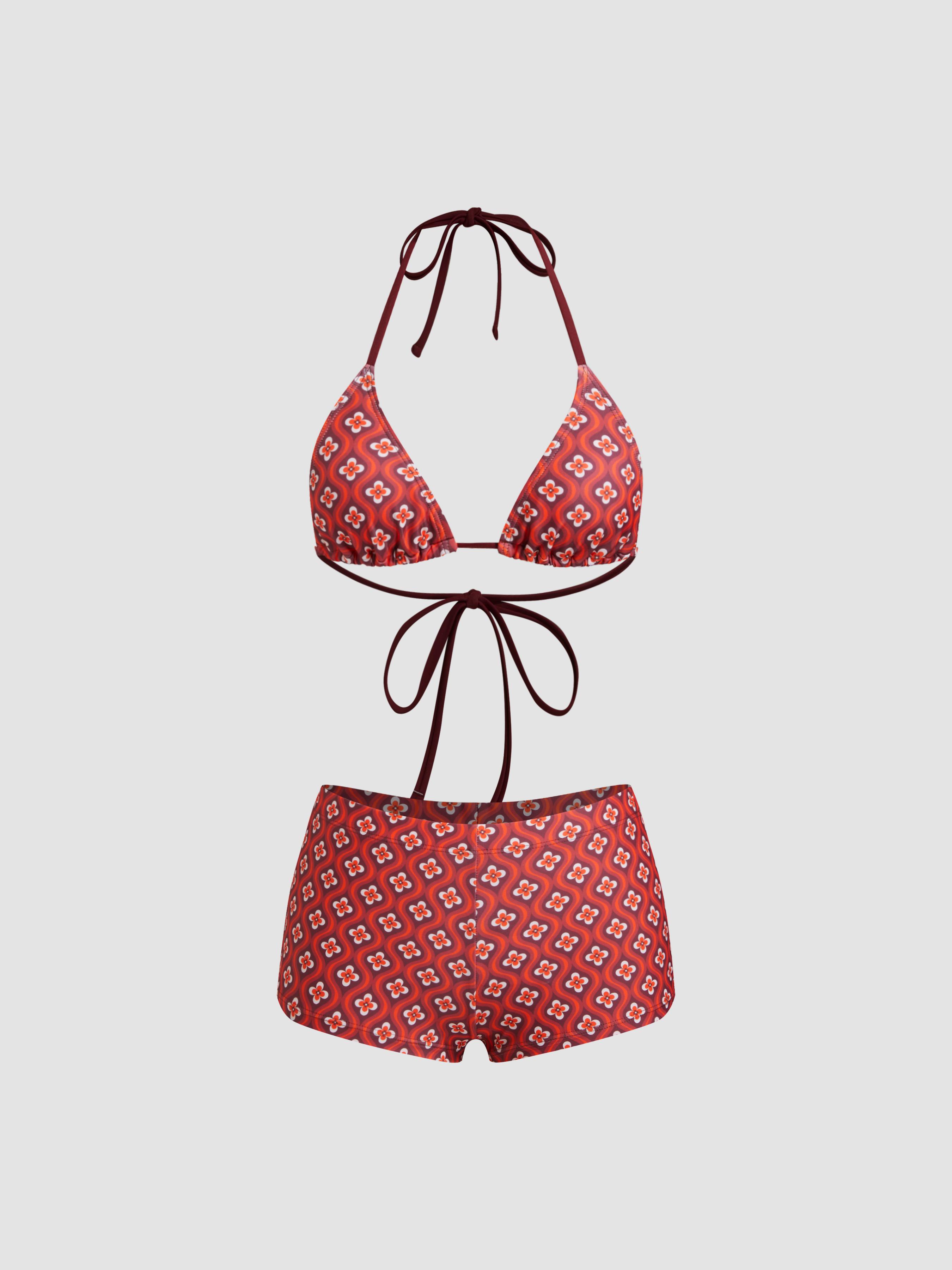 Halter Neckline Geometric Floral Shorts Bikini Set by CIDER