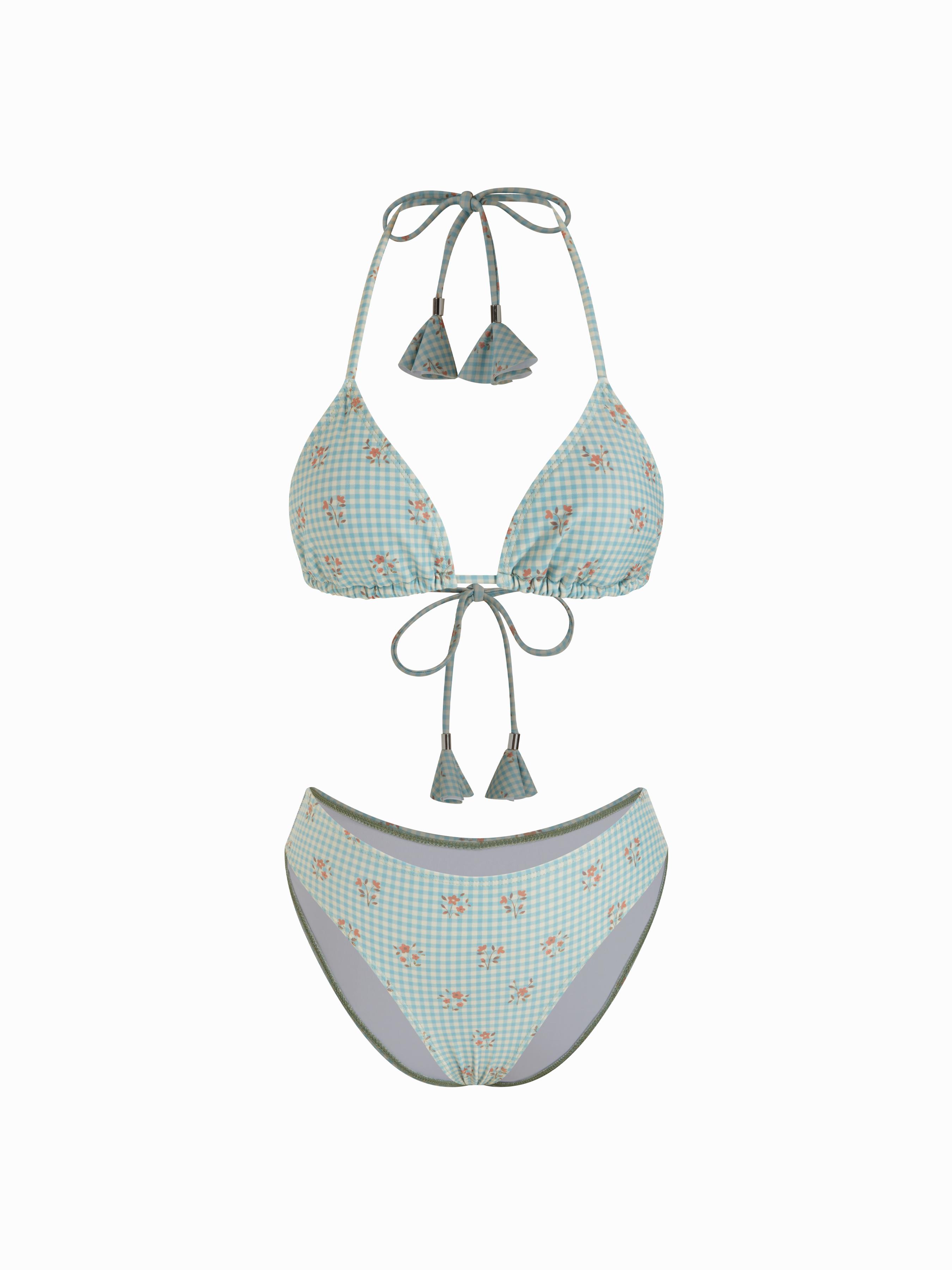Halter Neckline Gingham Floral Triangle Top & Low Rise Cheeky Bottom Bikini Set by CIDER