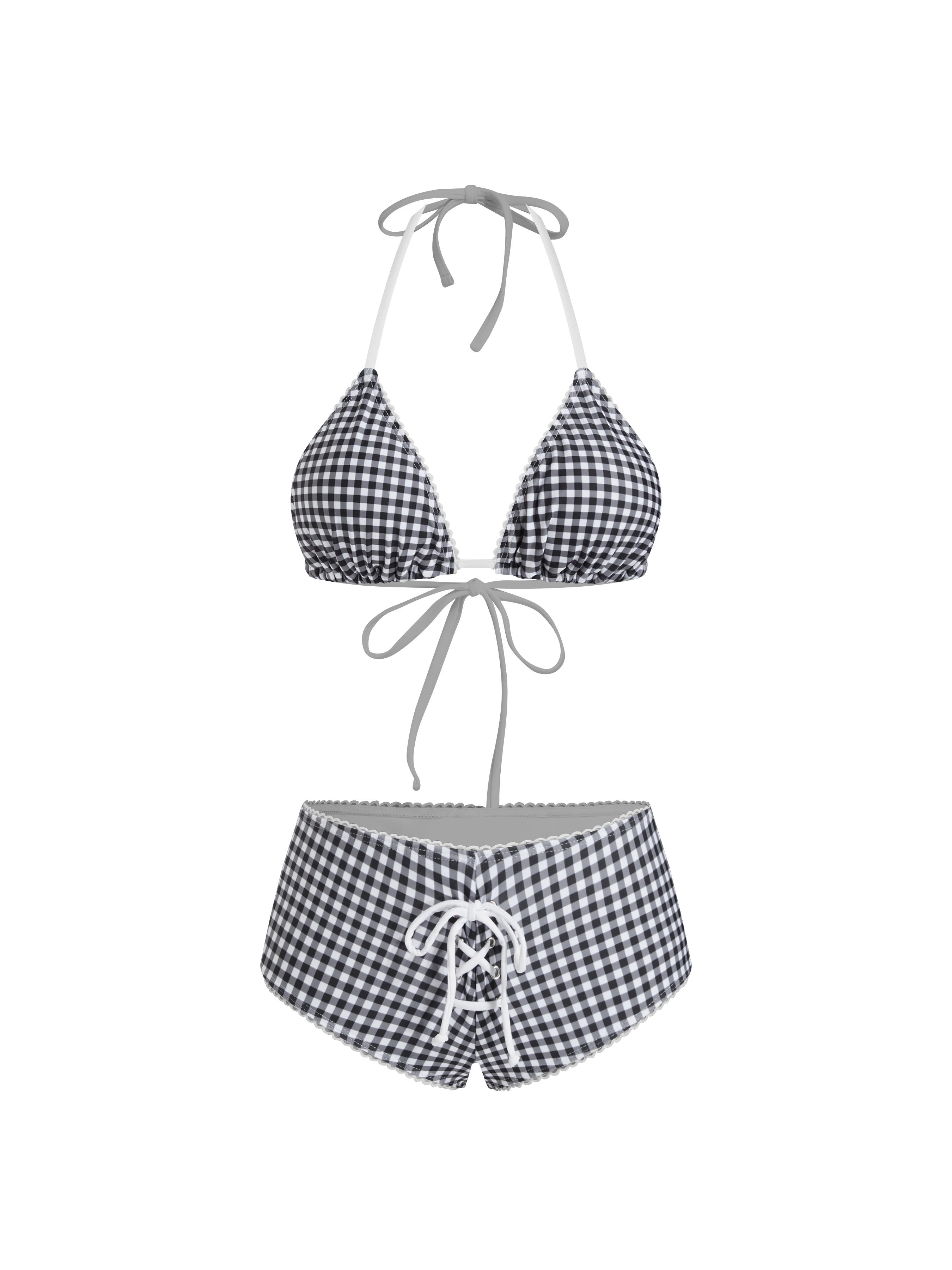 Halter Neckline Gingham Lace Up Triangle Shorts Bikini Set by CIDER