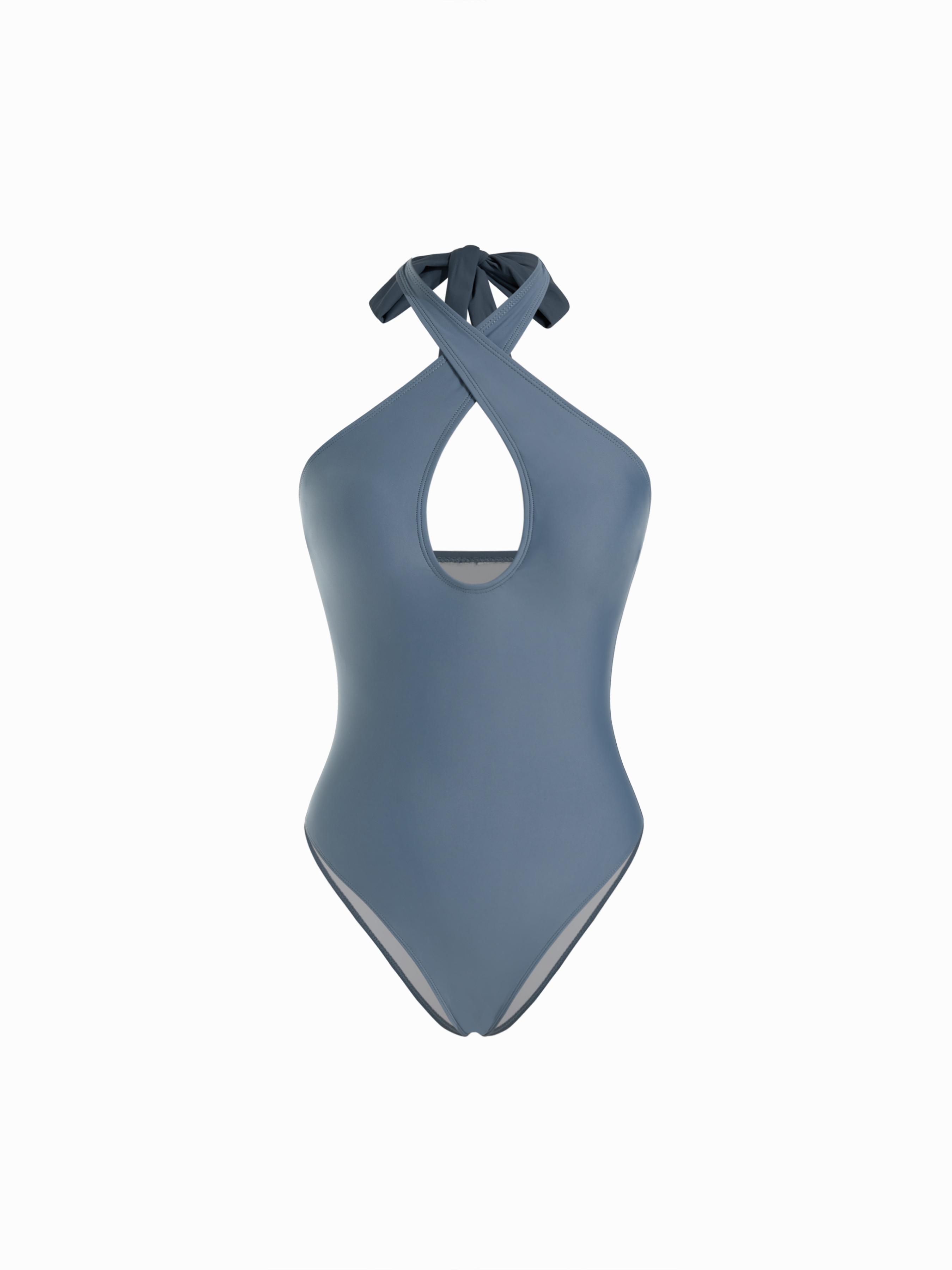 Halter Neckline Hollow Out Criss Cross One Piece Swimsuit by CIDER