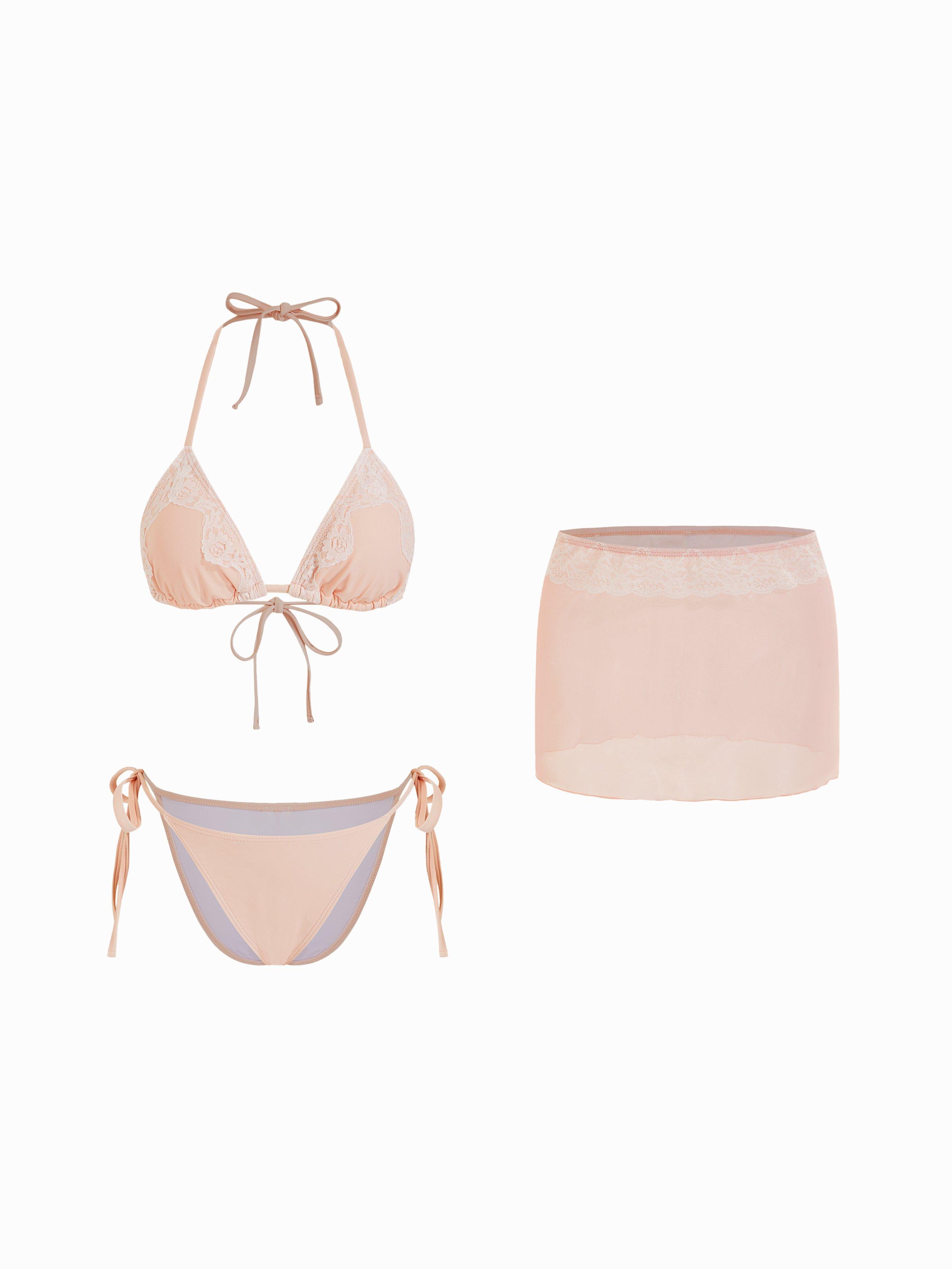 Halter Neckline Lace Panel Tie Side Triangle Bikini Set With Mesh Lace Skirt by CIDER