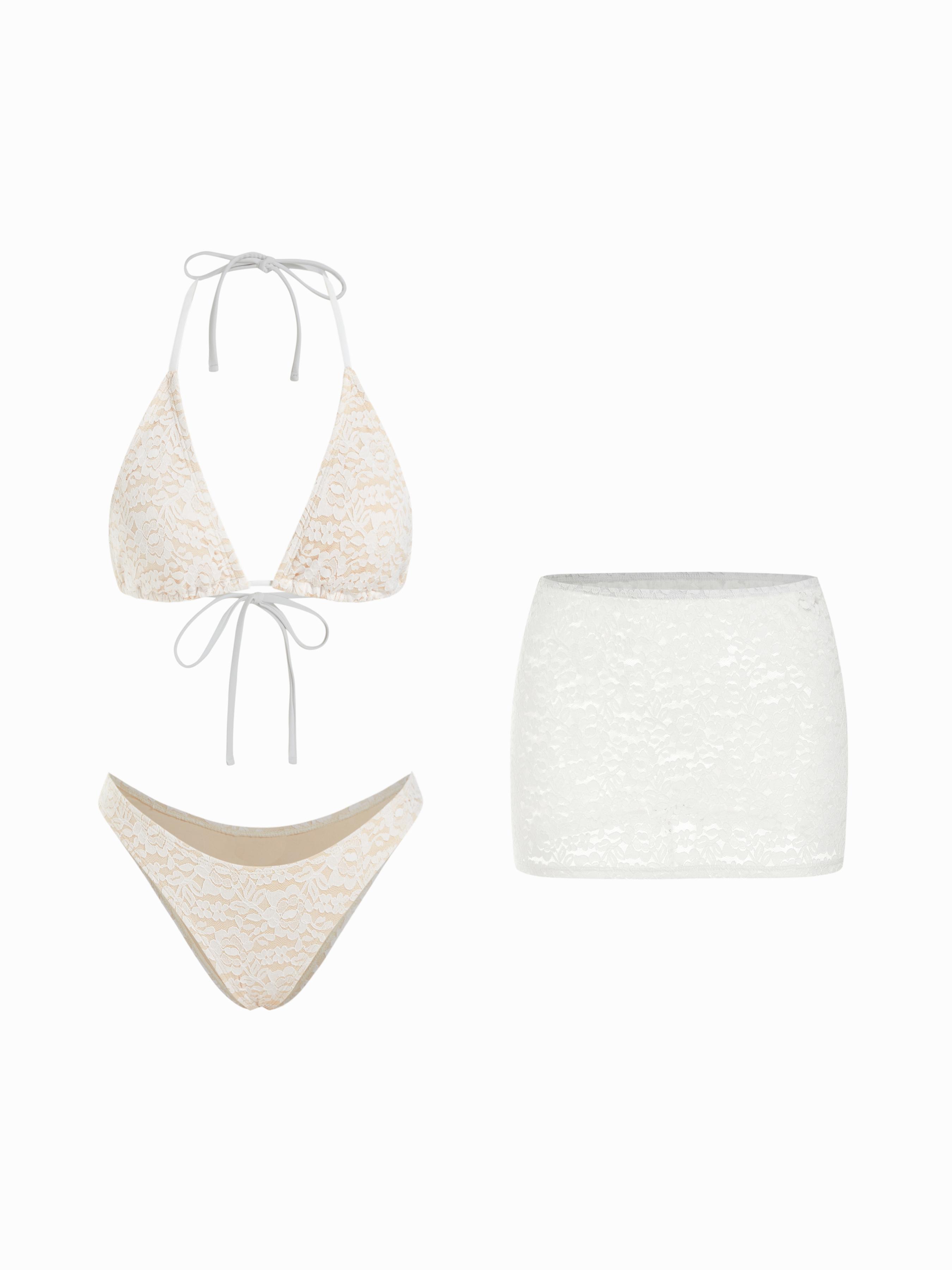 Halter Neckline Lace Triangle Bikini Set With Lace Skirt by CIDER
