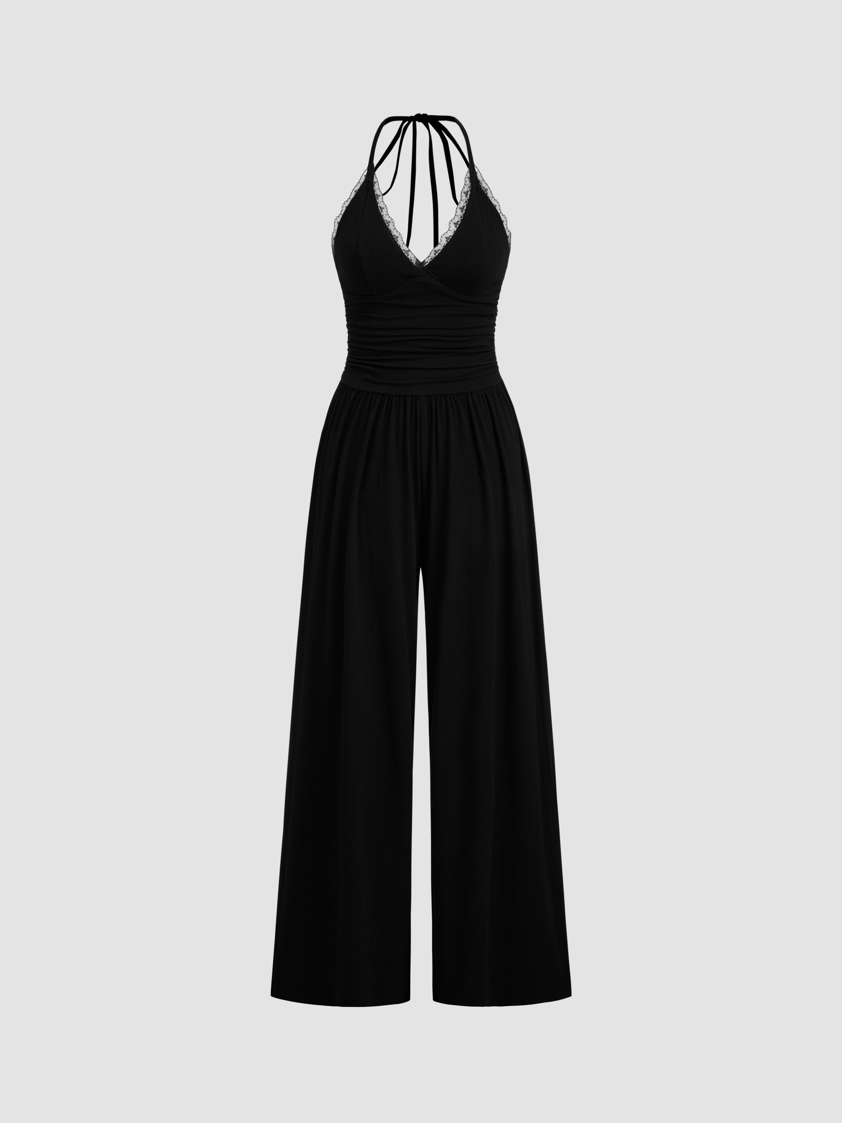 Halter Neckline Lace Trim Backless Ruched Jumpsuit by CIDER